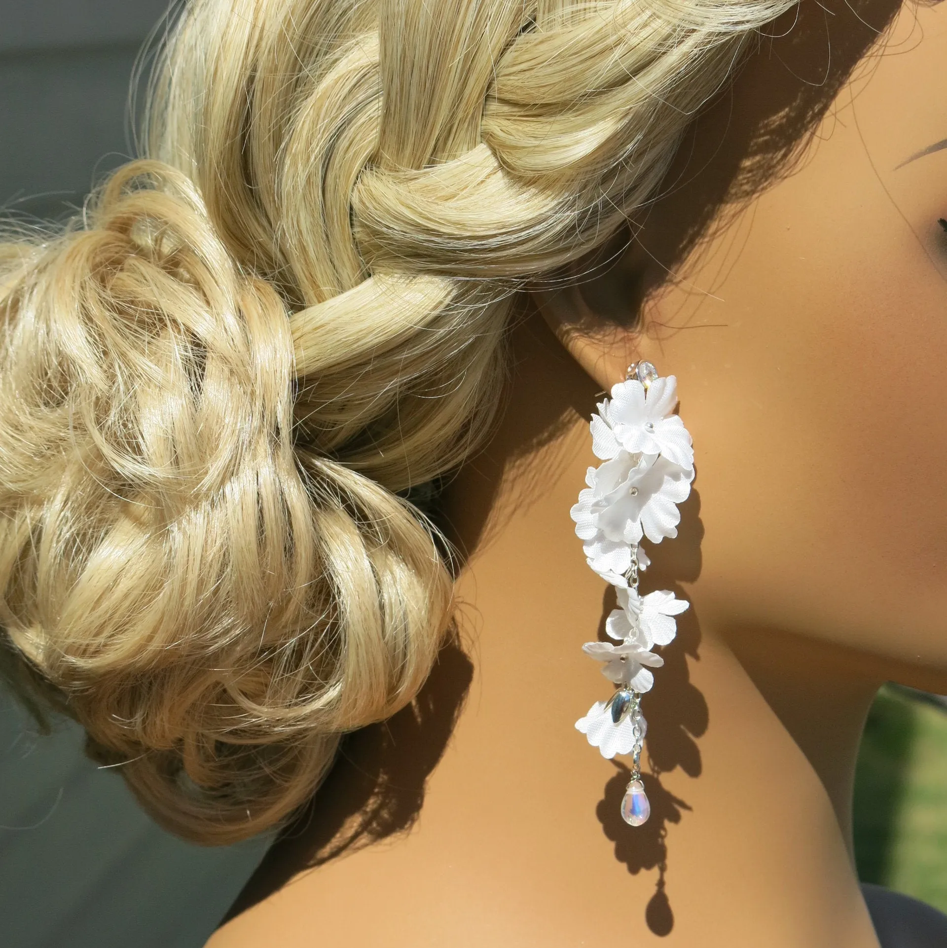 Morning Dew Silk White Flower Dangle Earrings, Custom Floral Wedding Earrings, Bridal Floral Statement Earrings