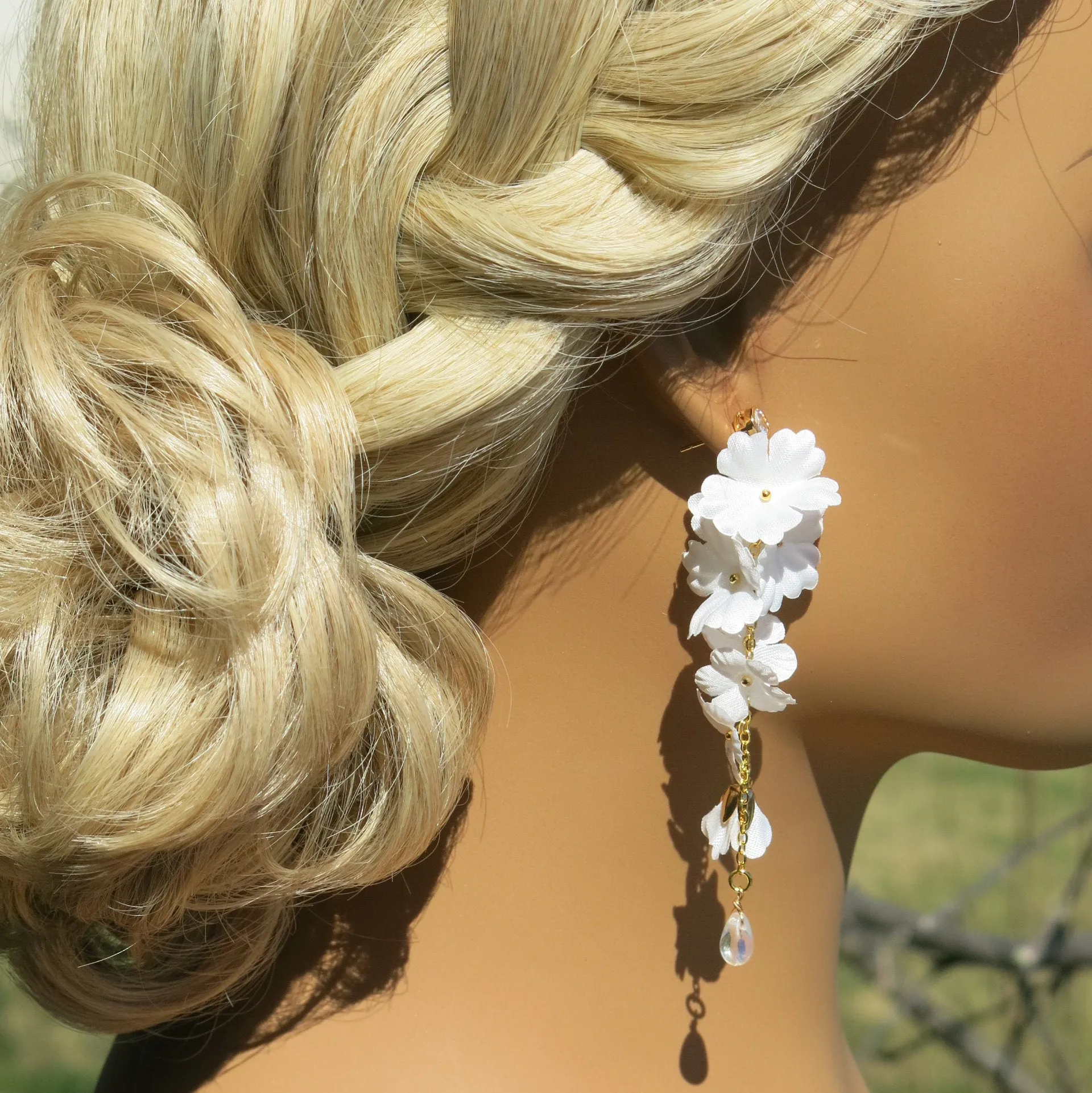 Morning Dew Silk White Flower Dangle Earrings, Custom Floral Wedding Earrings, Bridal Floral Statement Earrings
