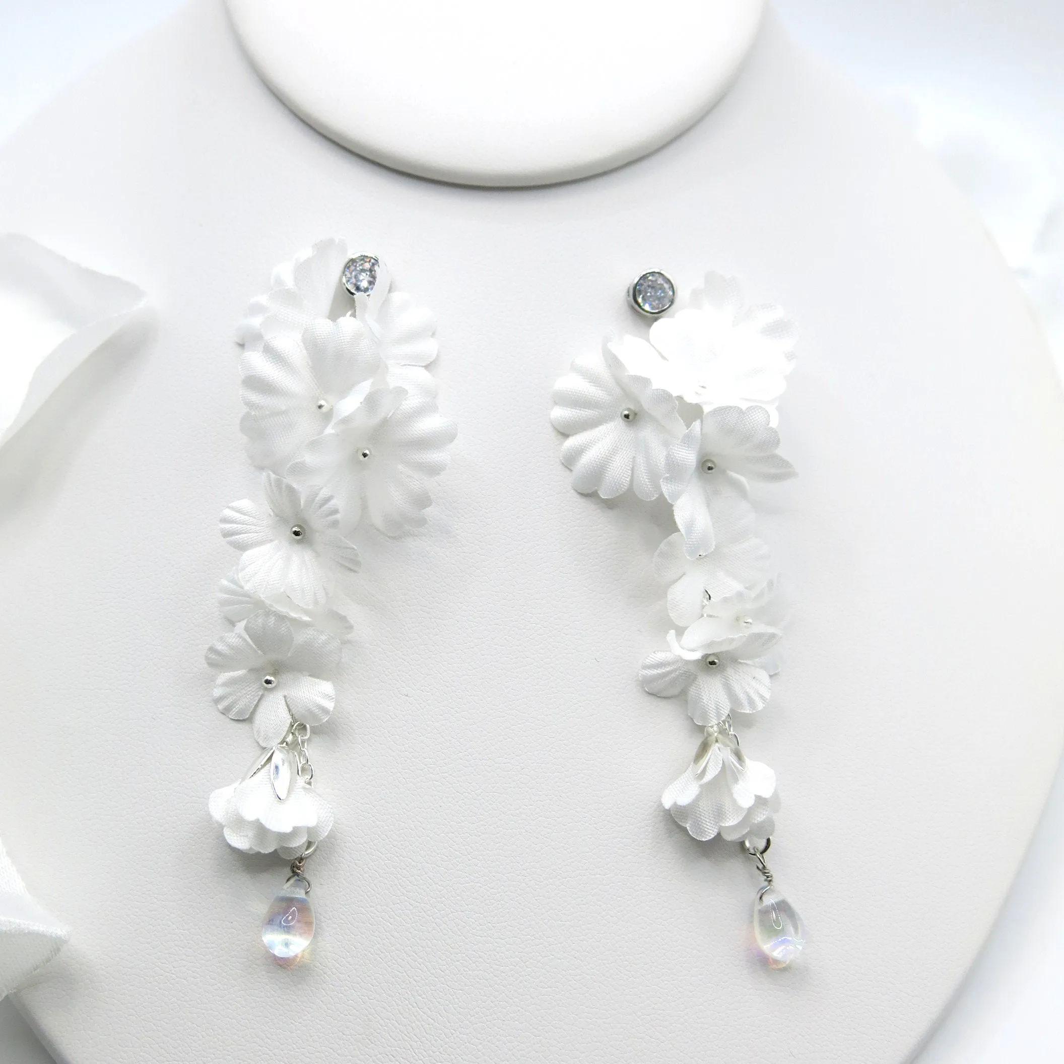 Morning Dew Silk White Flower Dangle Earrings, Custom Floral Wedding Earrings, Bridal Floral Statement Earrings