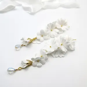Morning Dew Silk White Flower Dangle Earrings, Custom Floral Wedding Earrings, Bridal Floral Statement Earrings