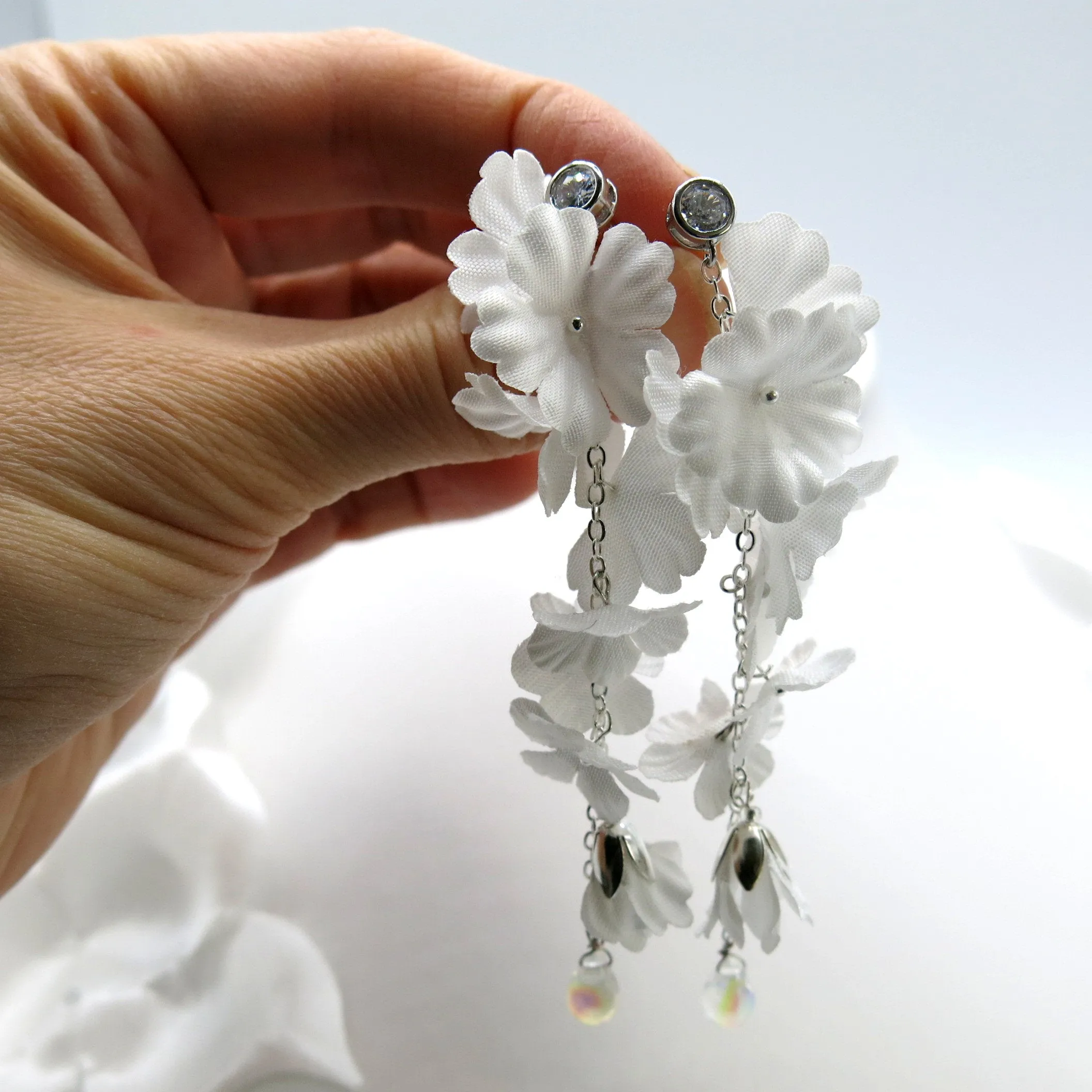 Morning Dew Silk White Flower Dangle Earrings, Custom Floral Wedding Earrings, Bridal Floral Statement Earrings