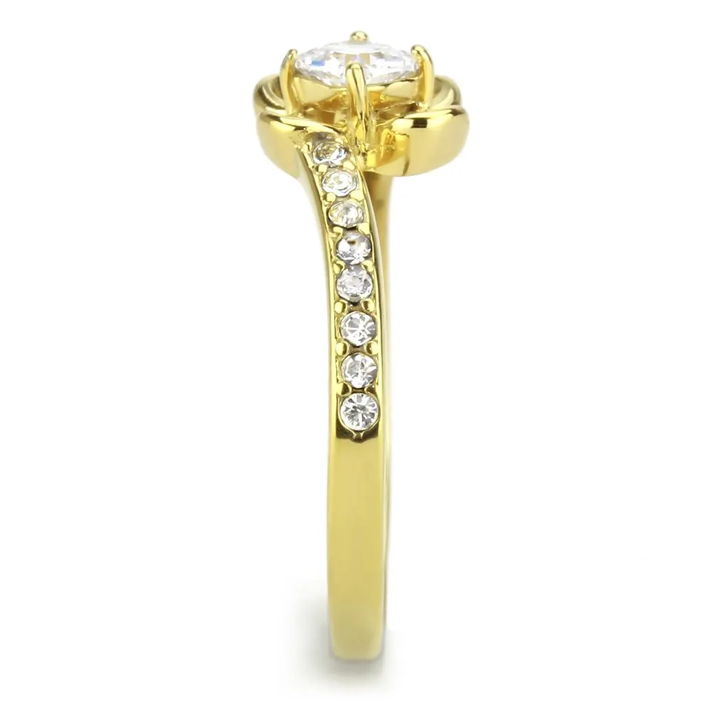 MT1173g - IP Gold(Ion Plating) Stainless Steel Flower Ring with Clear Crystals April Birthstone Petite Newest