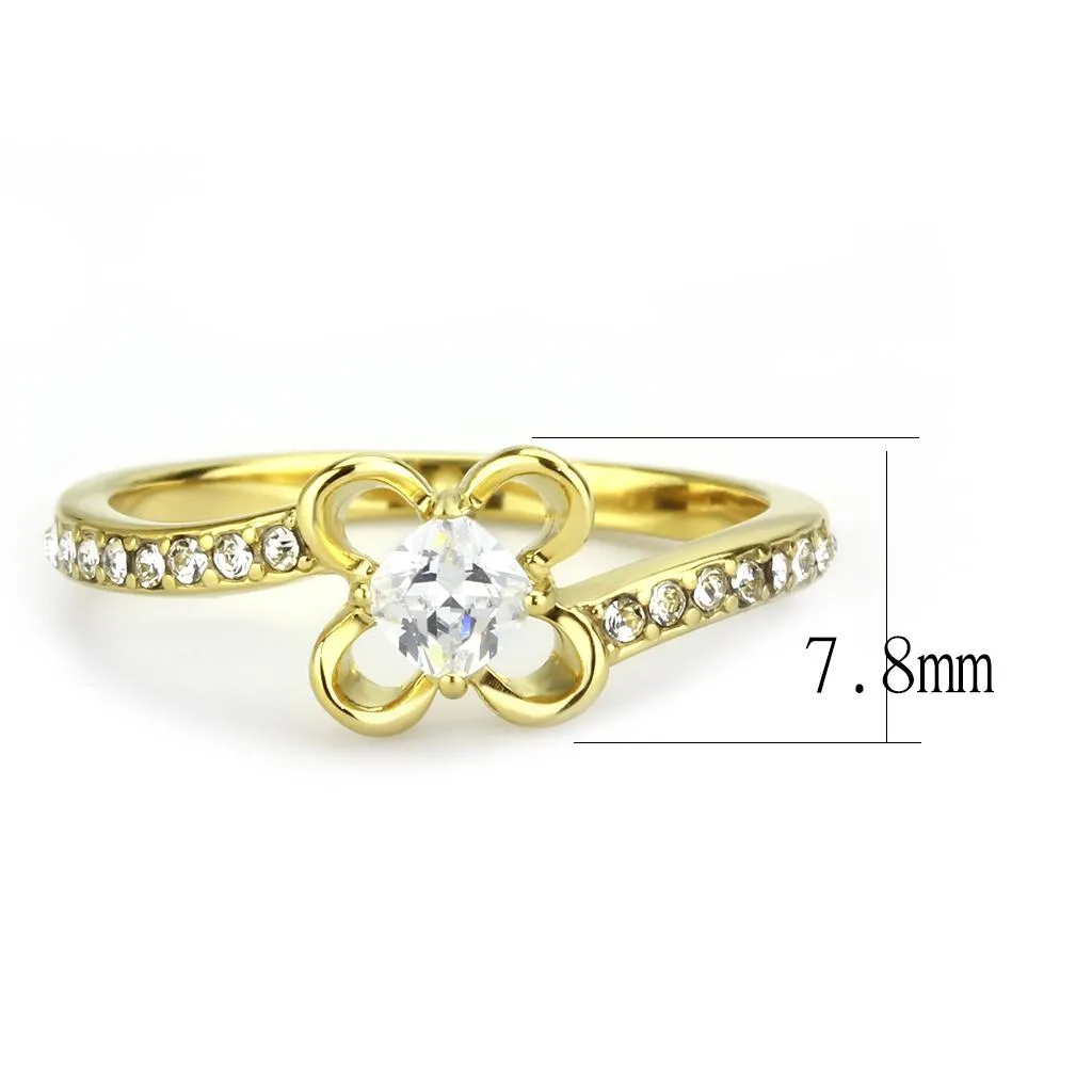 MT1173g - IP Gold(Ion Plating) Stainless Steel Flower Ring with Clear Crystals April Birthstone Petite Newest