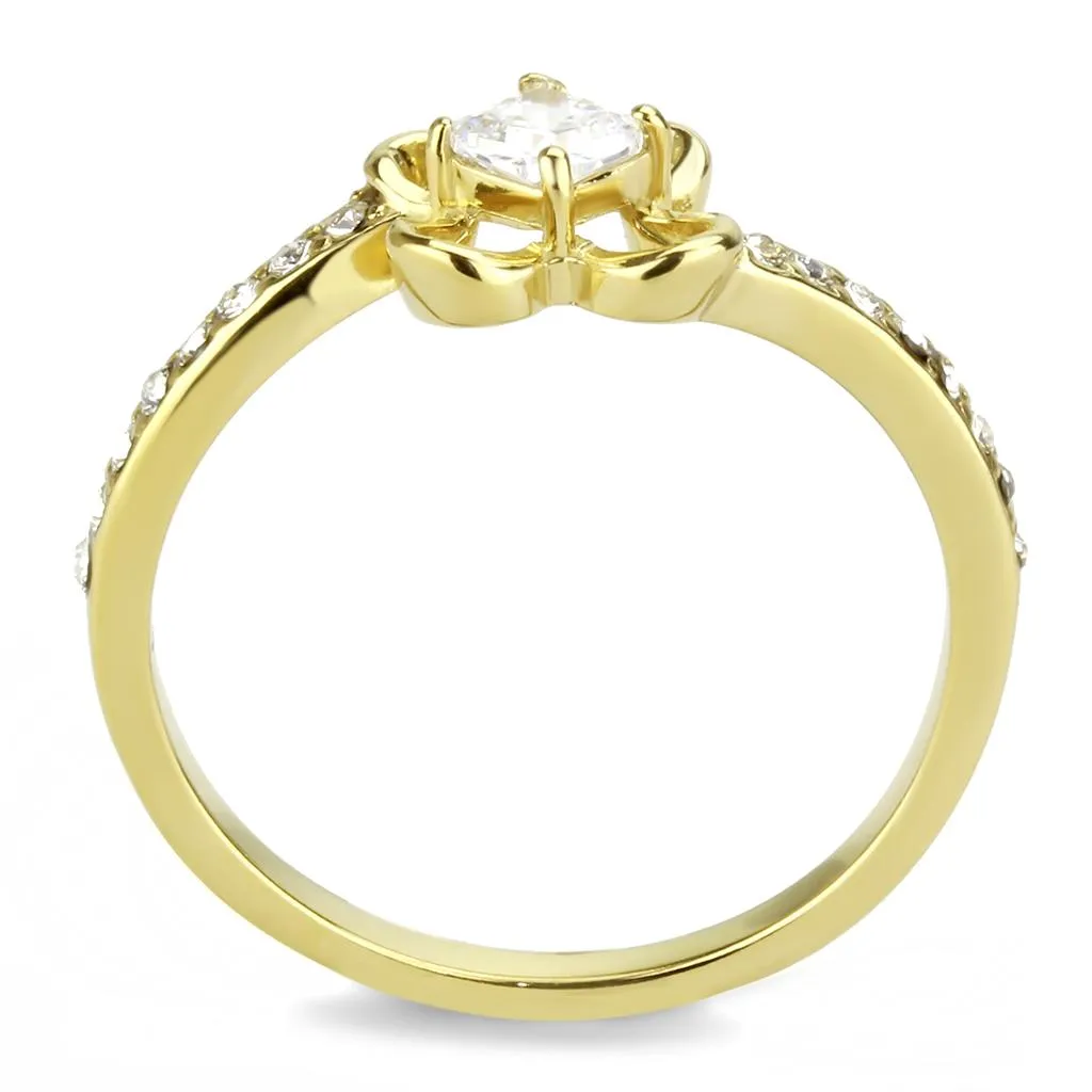 MT1173g - IP Gold(Ion Plating) Stainless Steel Flower Ring with Clear Crystals April Birthstone Petite Newest