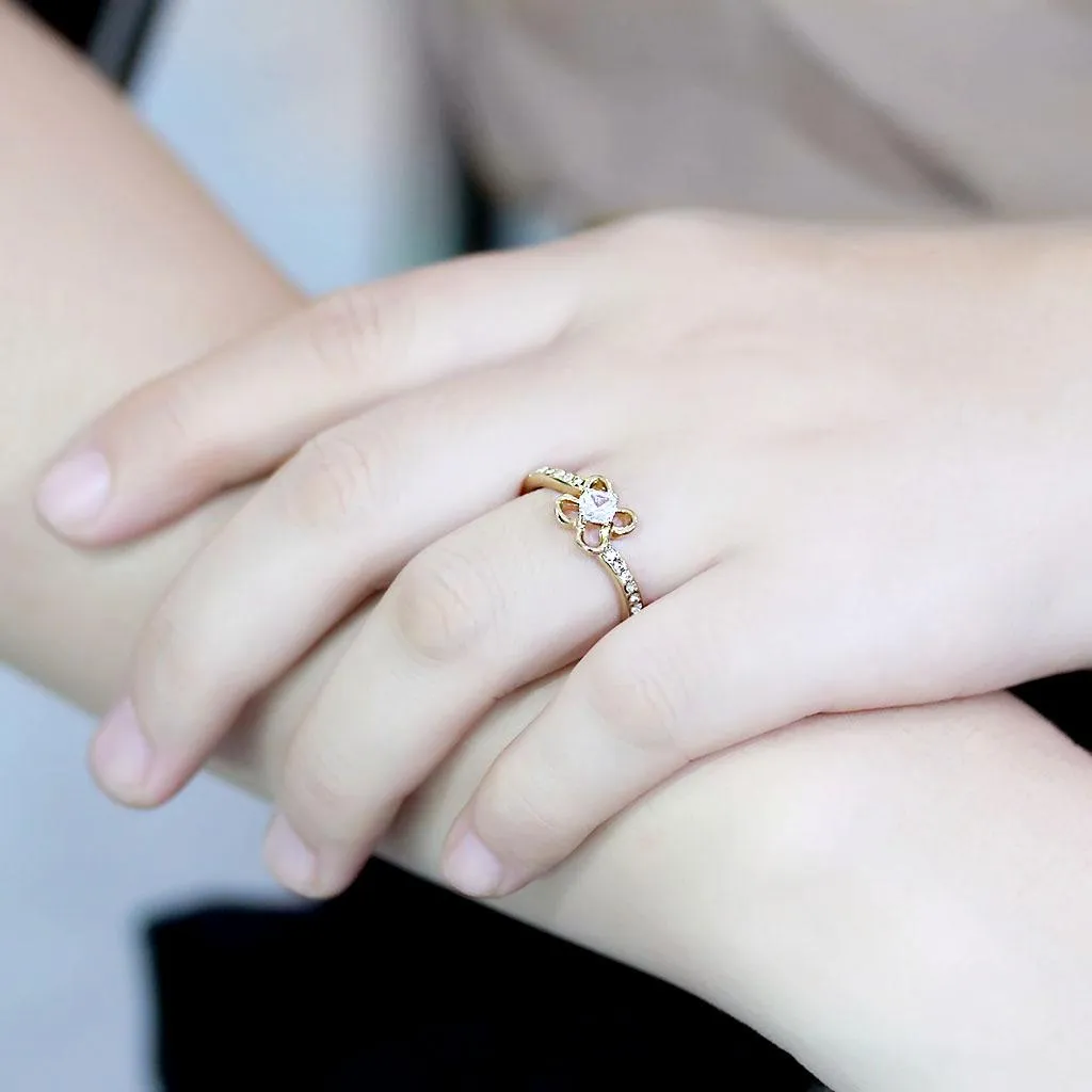 MT1173g - IP Gold(Ion Plating) Stainless Steel Flower Ring with Clear Crystals April Birthstone Petite Newest
