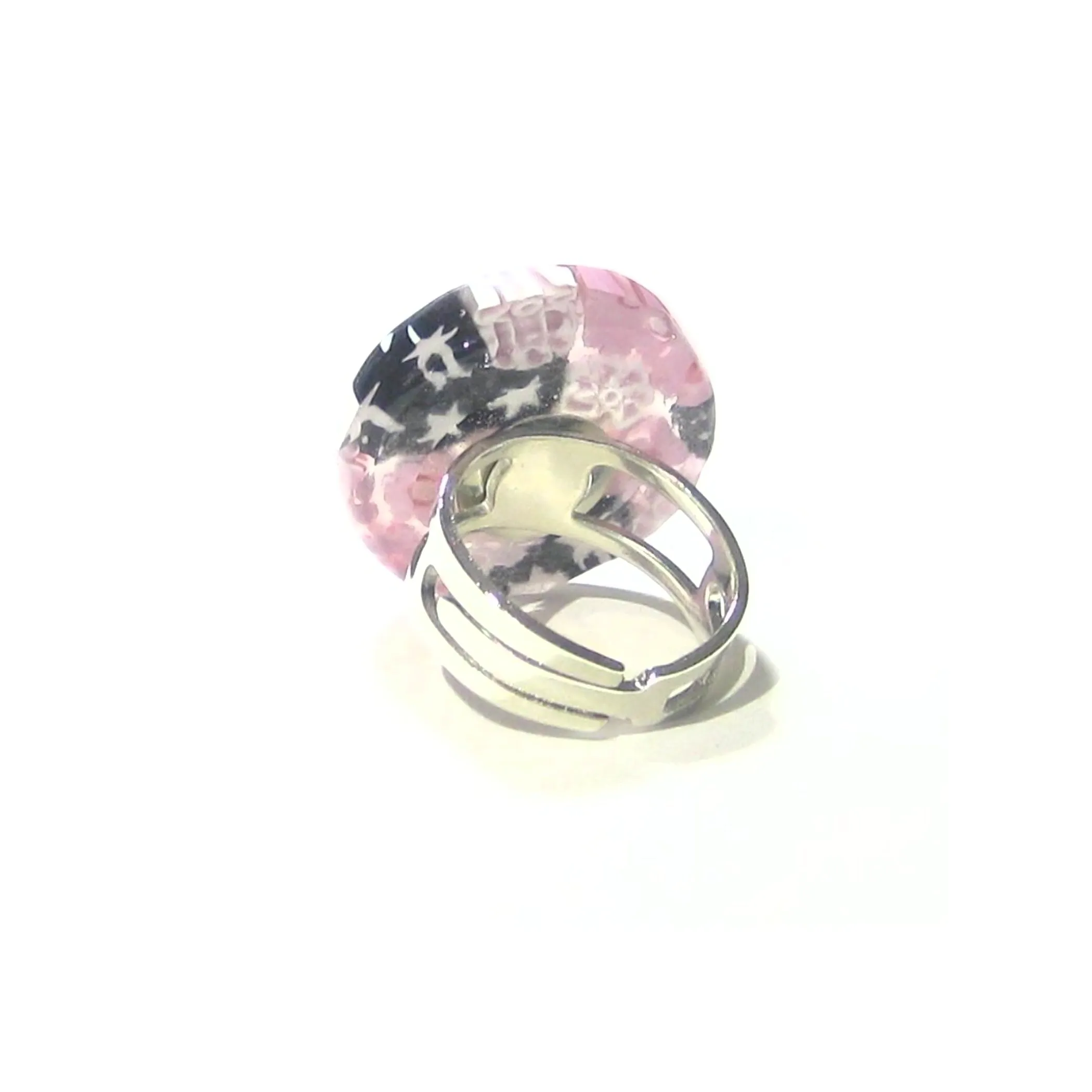 Murano Glass Black Pink Round Millefiori Ring