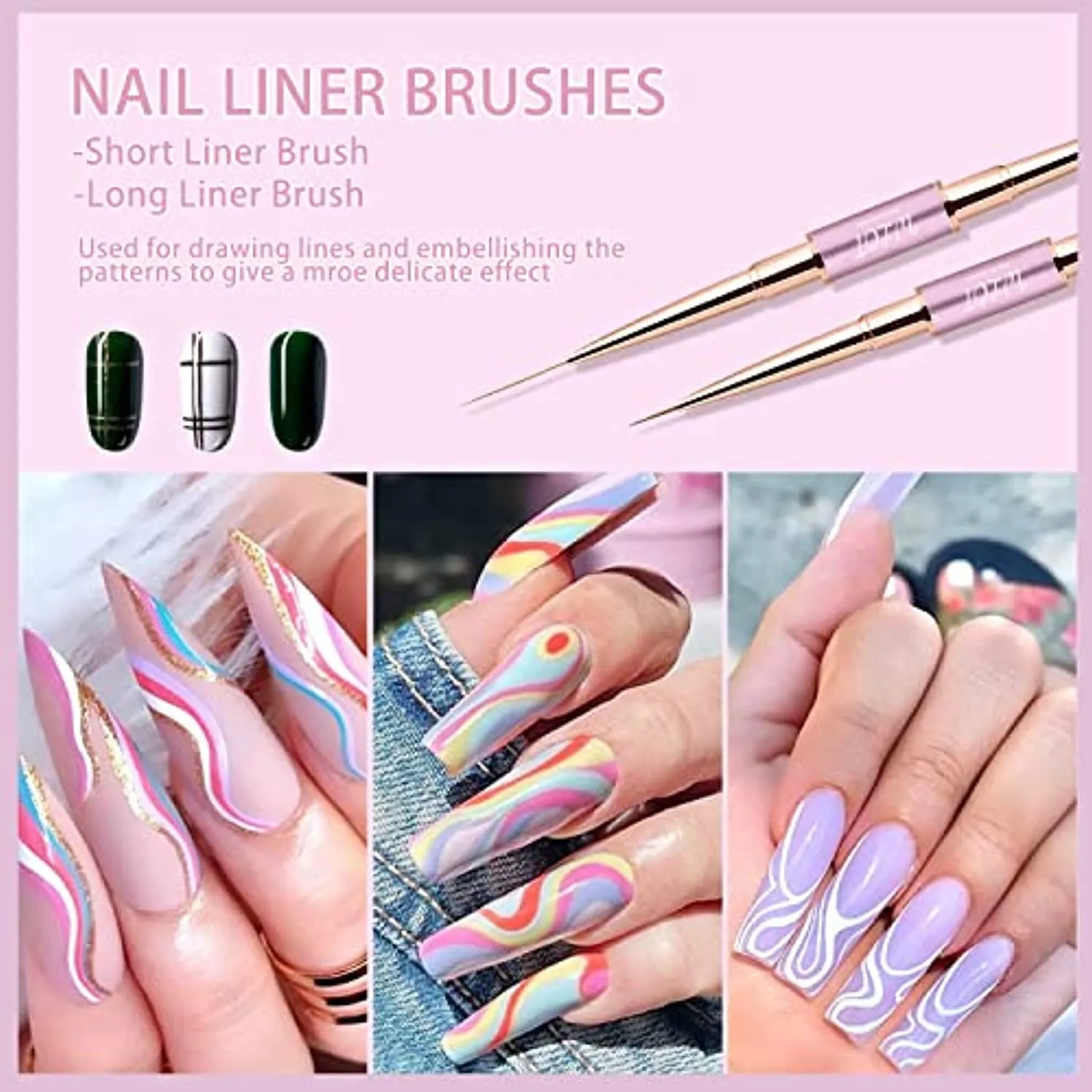 Nail Art Brushes, WLOT Nail Art Tools Double Ended Nail Art Design Pen, Builder Gel Brush, Striping Nail Art Brushes for Long Lines, 3D Nail Drawing Pen for Salon at Home DIY Manicure (Purple, 5PC)
