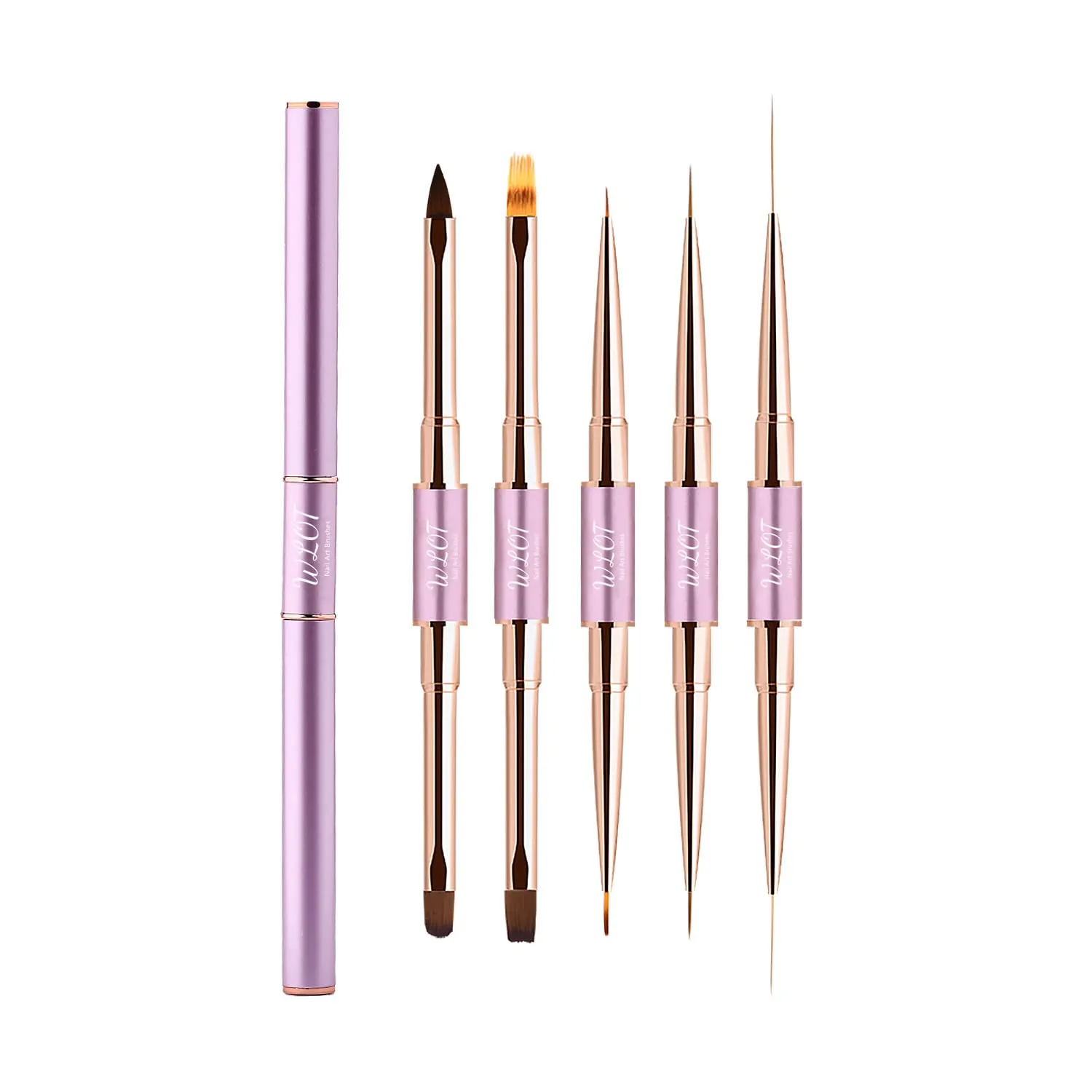 Nail Art Brushes, WLOT Nail Art Tools Double Ended Nail Art Design Pen, Builder Gel Brush, Striping Nail Art Brushes for Long Lines, 3D Nail Drawing Pen for Salon at Home DIY Manicure (Purple, 5PC)
