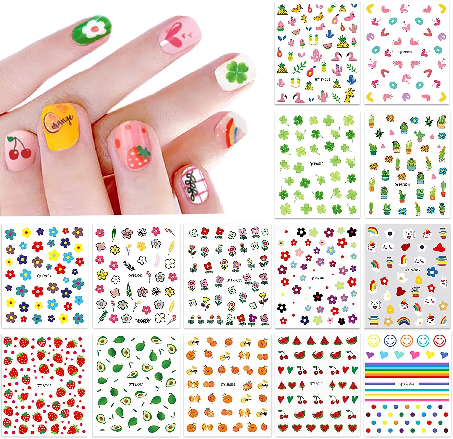 Nail Stickers for Women and Little Girls - 12 Sheets 3D Self-Adhesive DIY Nail Art Decoration Set Including Flowers Leaves Animals Plants Fruits Nail Decals for Woman Kids Girls