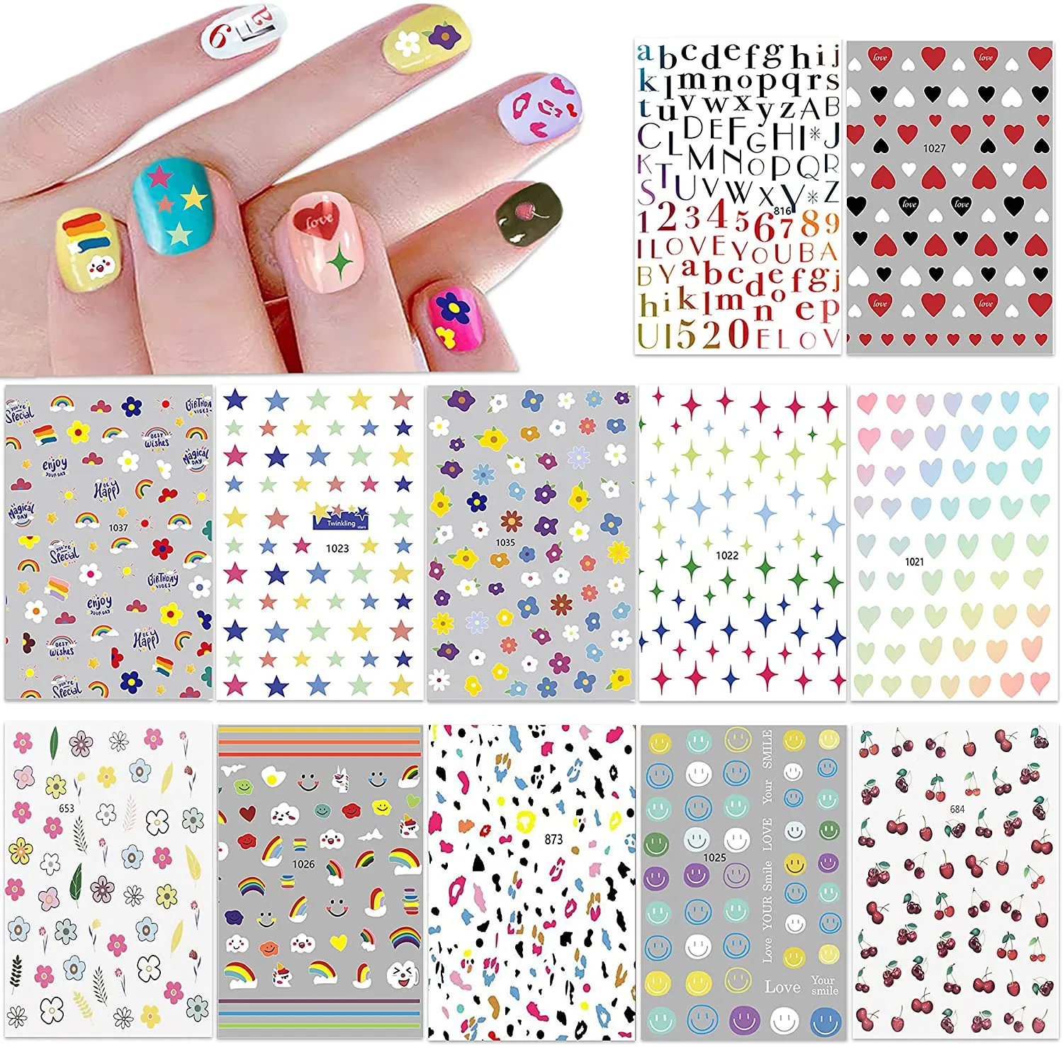 Nail Stickers for Women and Little Girls - 12 Sheets 3D Self-Adhesive DIY Nail Art Decoration Set Including Flowers Leaves Animals Plants Fruits Nail Decals for Woman Kids Girls
