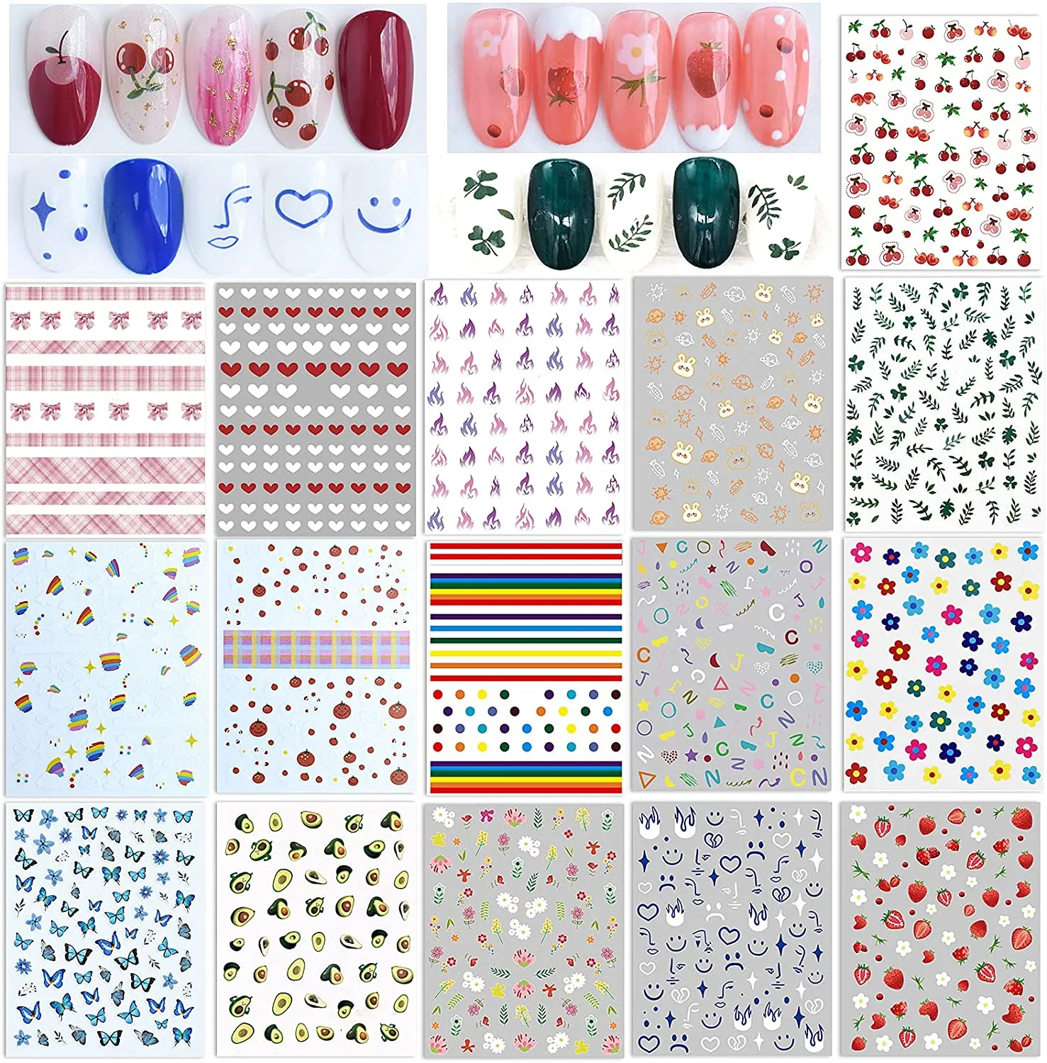 Nail Stickers for Women and Little Girls - 12 Sheets 3D Self-Adhesive DIY Nail Art Decoration Set Including Flowers Leaves Animals Plants Fruits Nail Decals for Woman Kids Girls