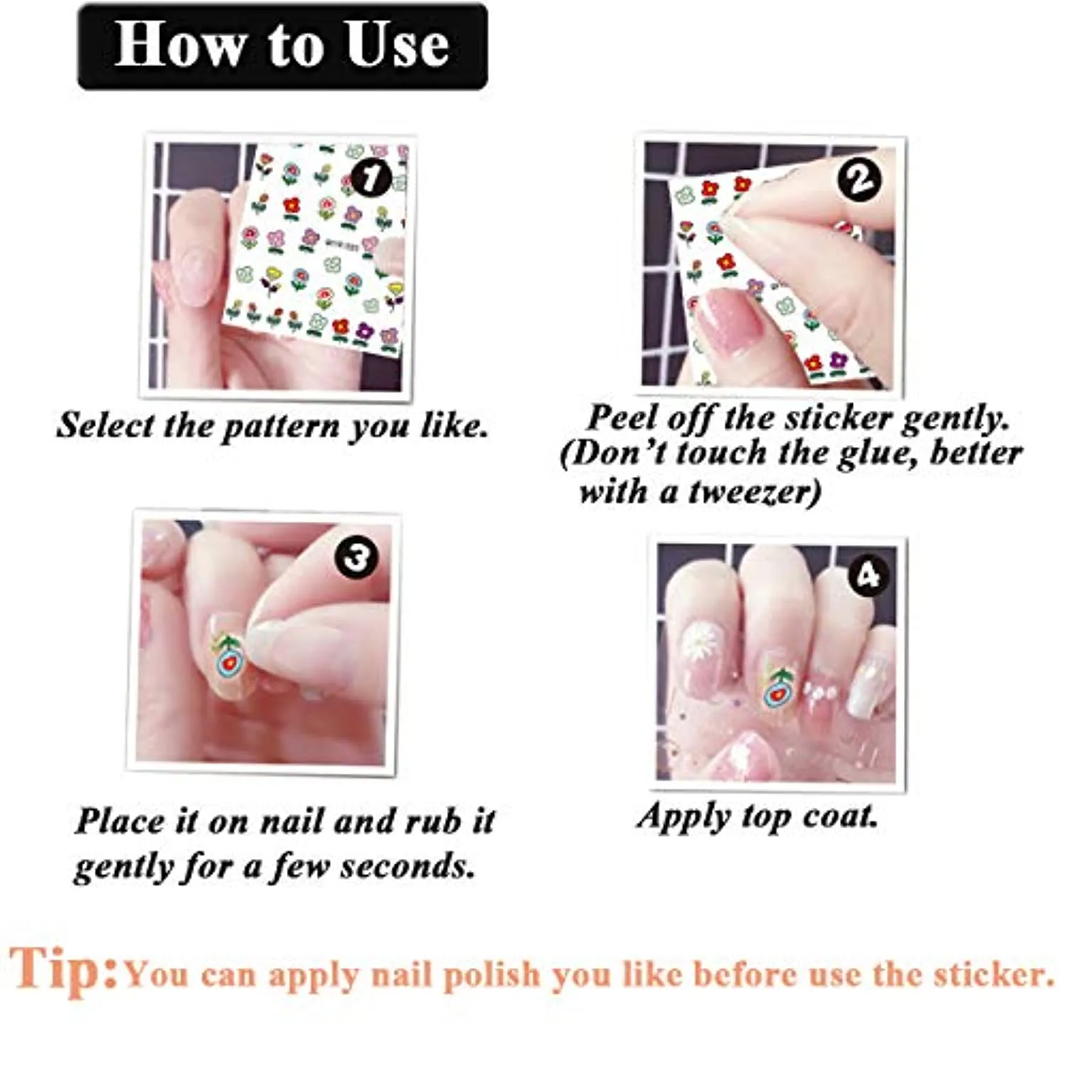 Nail Stickers for Women and Little Girls - 12 Sheets 3D Self-Adhesive DIY Nail Art Decoration Set Including Flowers Leaves Animals Plants Fruits Nail Decals for Woman Kids Girls