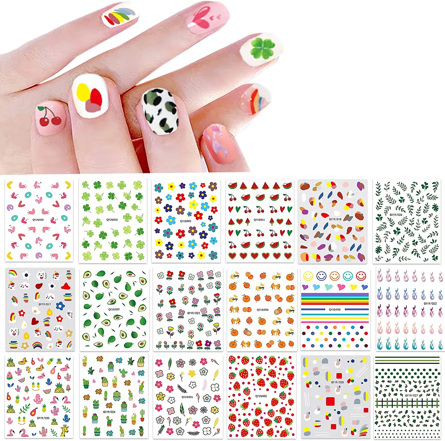 Nail Stickers for Women and Little Girls - 12 Sheets 3D Self-Adhesive DIY Nail Art Decoration Set Including Flowers Leaves Animals Plants Fruits Nail Decals for Woman Kids Girls