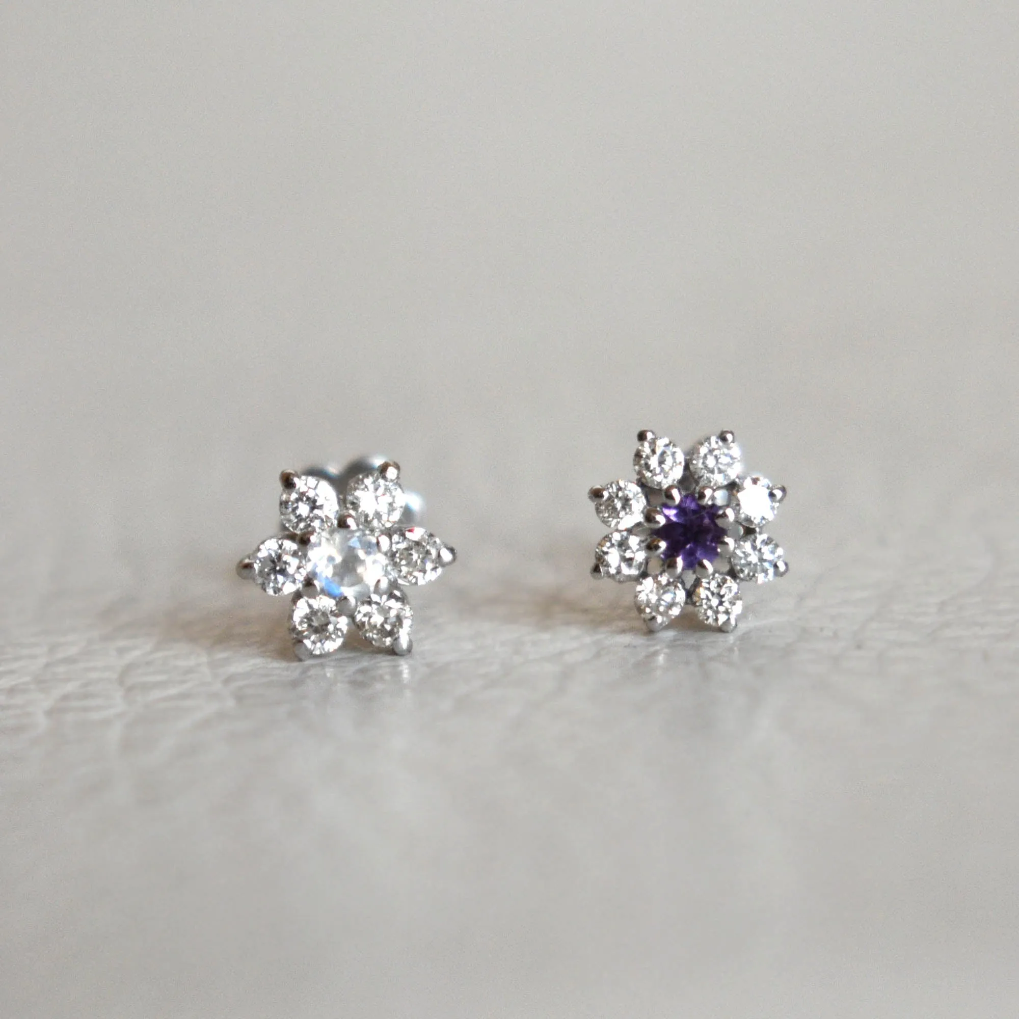 Natural Amethyst & Diamond Flower Stud