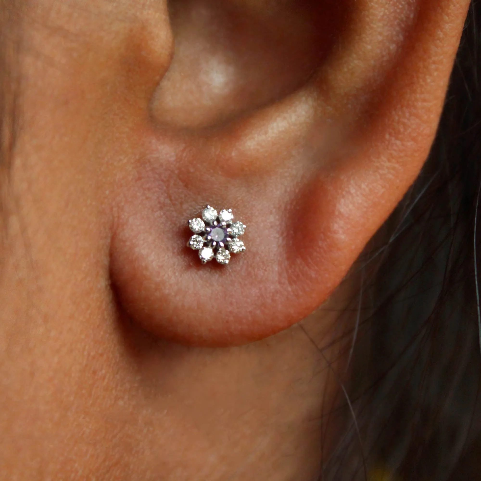 Natural Amethyst & Diamond Flower Stud