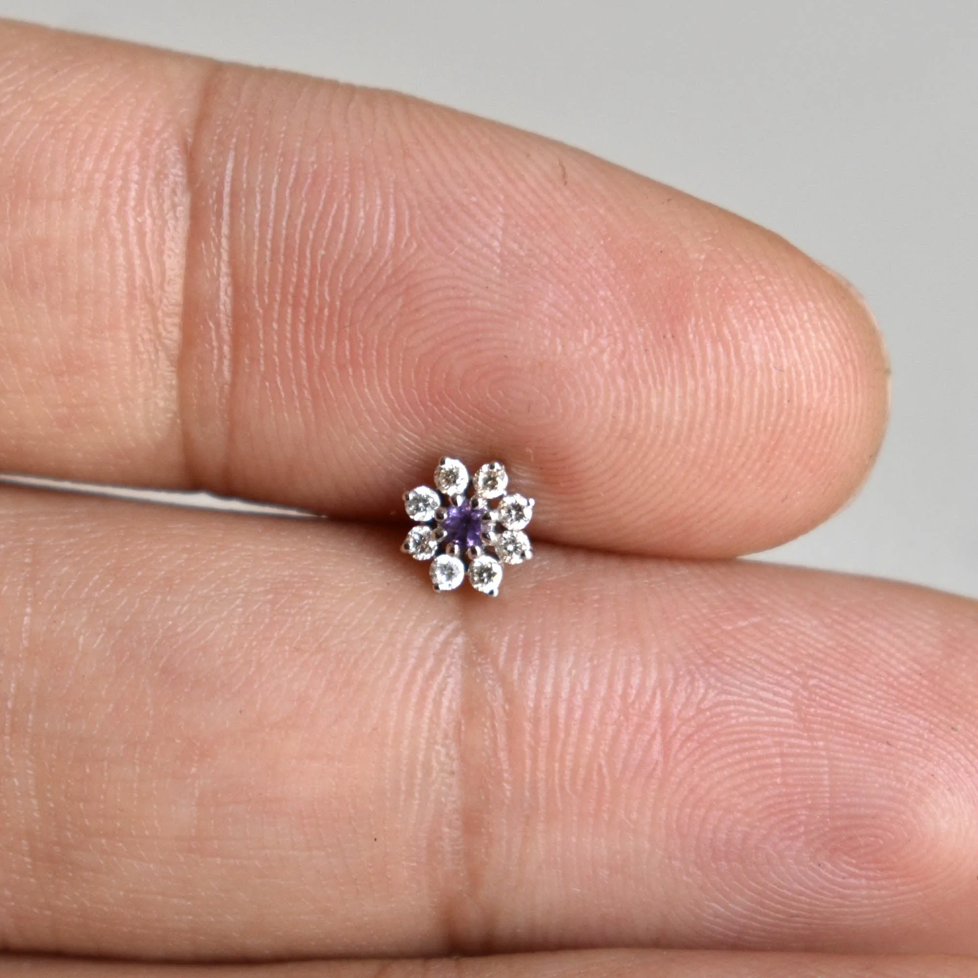 Natural Amethyst & Diamond Flower Stud