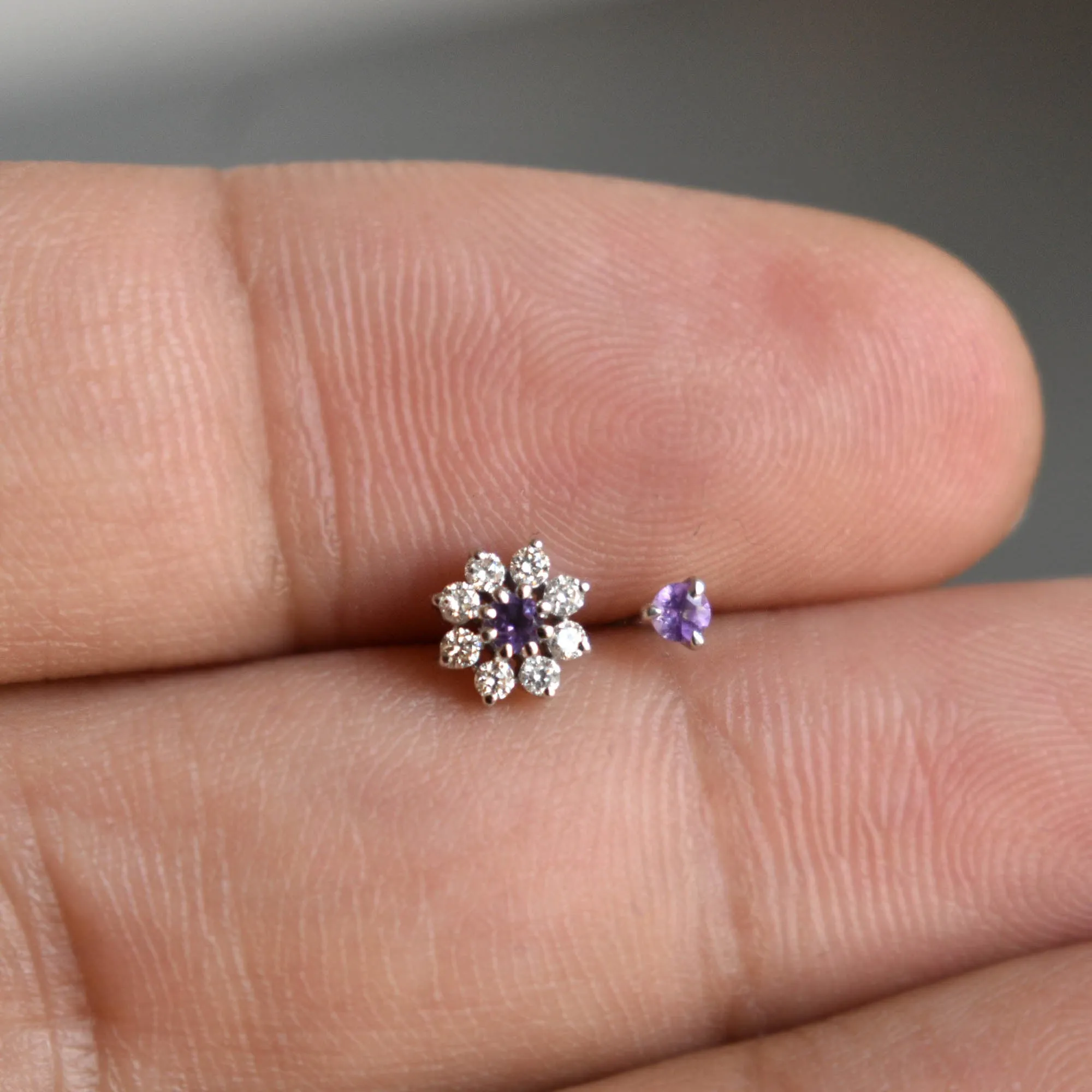 Natural Amethyst & Diamond Flower Stud