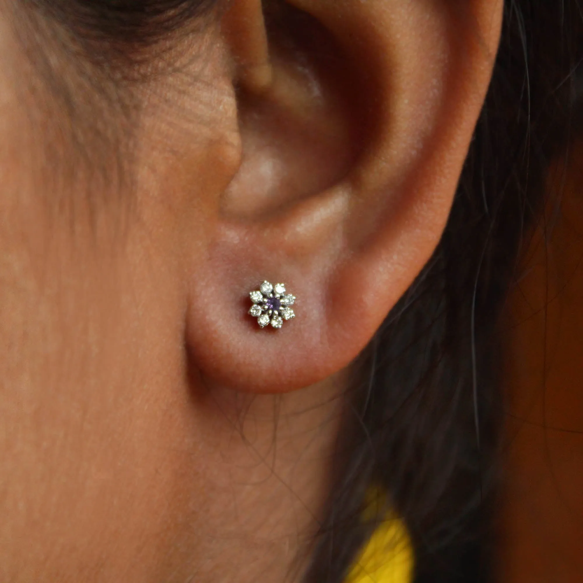 Natural Amethyst & Diamond Flower Stud