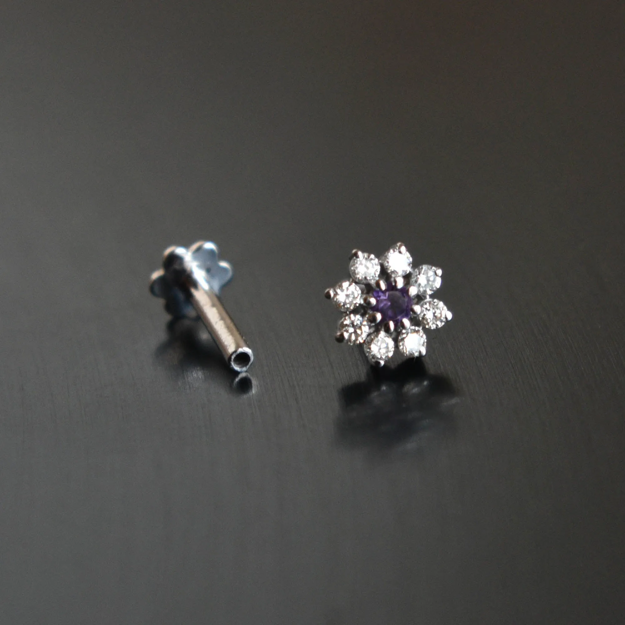 Natural Amethyst & Diamond Flower Stud