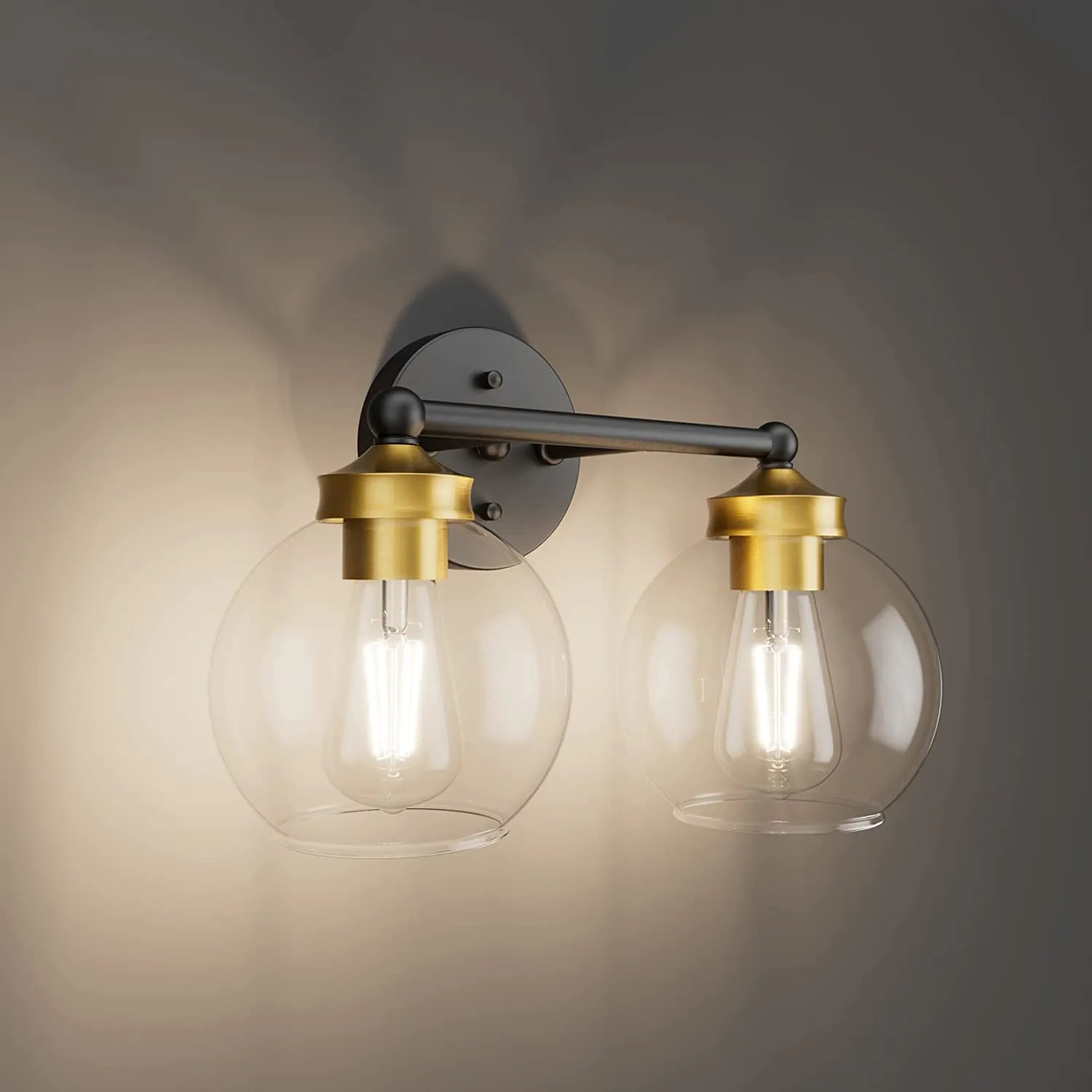 New Tipace Vintage Bathroom Vanity Light, 2-Light Rustic Style Black Metal with Clear Glass, Wall Mount Industrial Bathroom Light Fixture (No Bulbs)