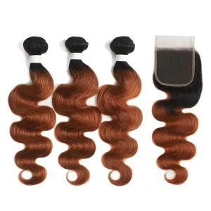 Ombre 1B/30 Body Wave 3 Bundles With Closure 4x4 pre Colored 100% Virgin Human Hair