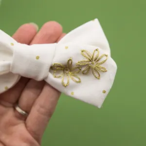 OOAK Embroidered 2 gold flowers bow hoc