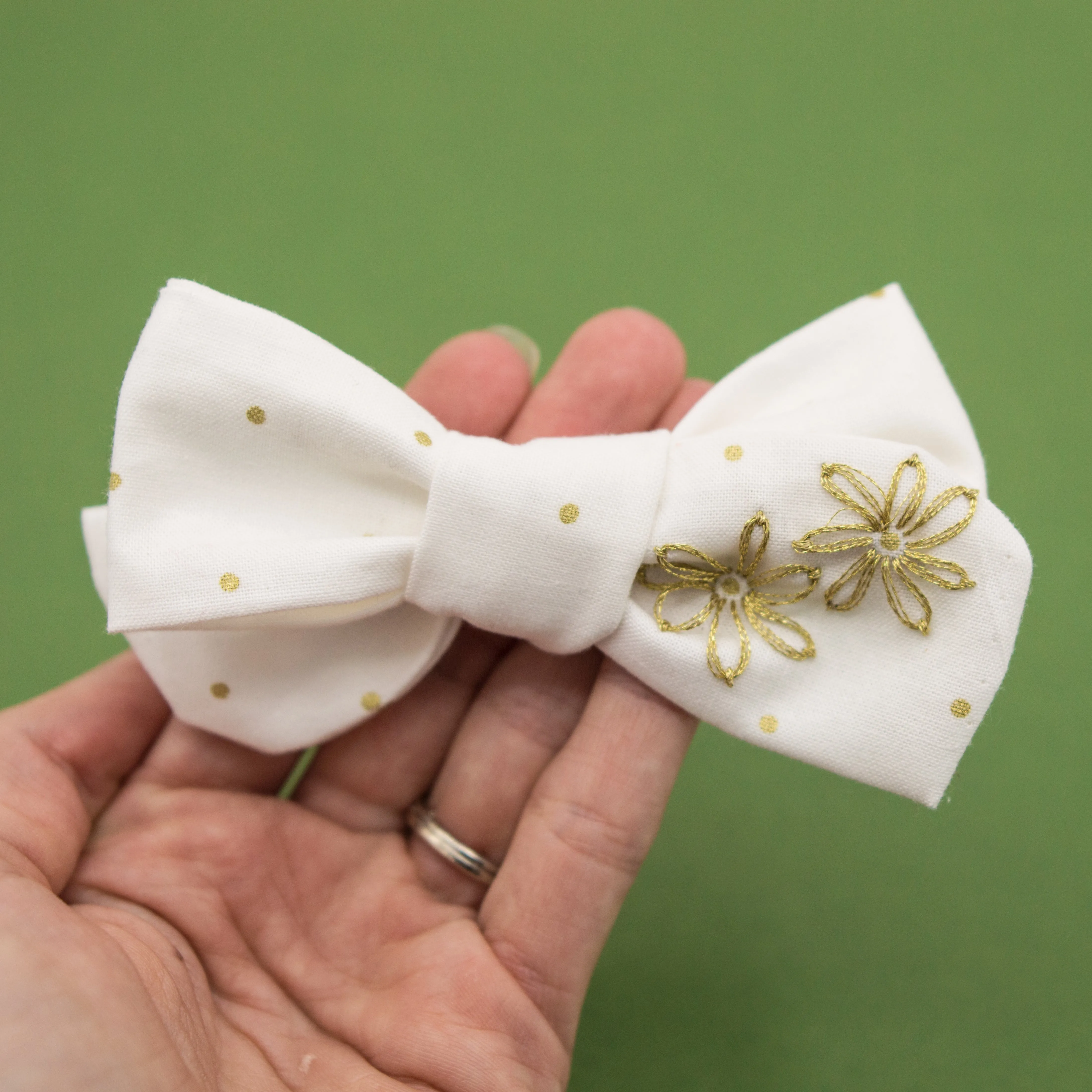 OOAK Embroidered 2 gold flowers bow hoc