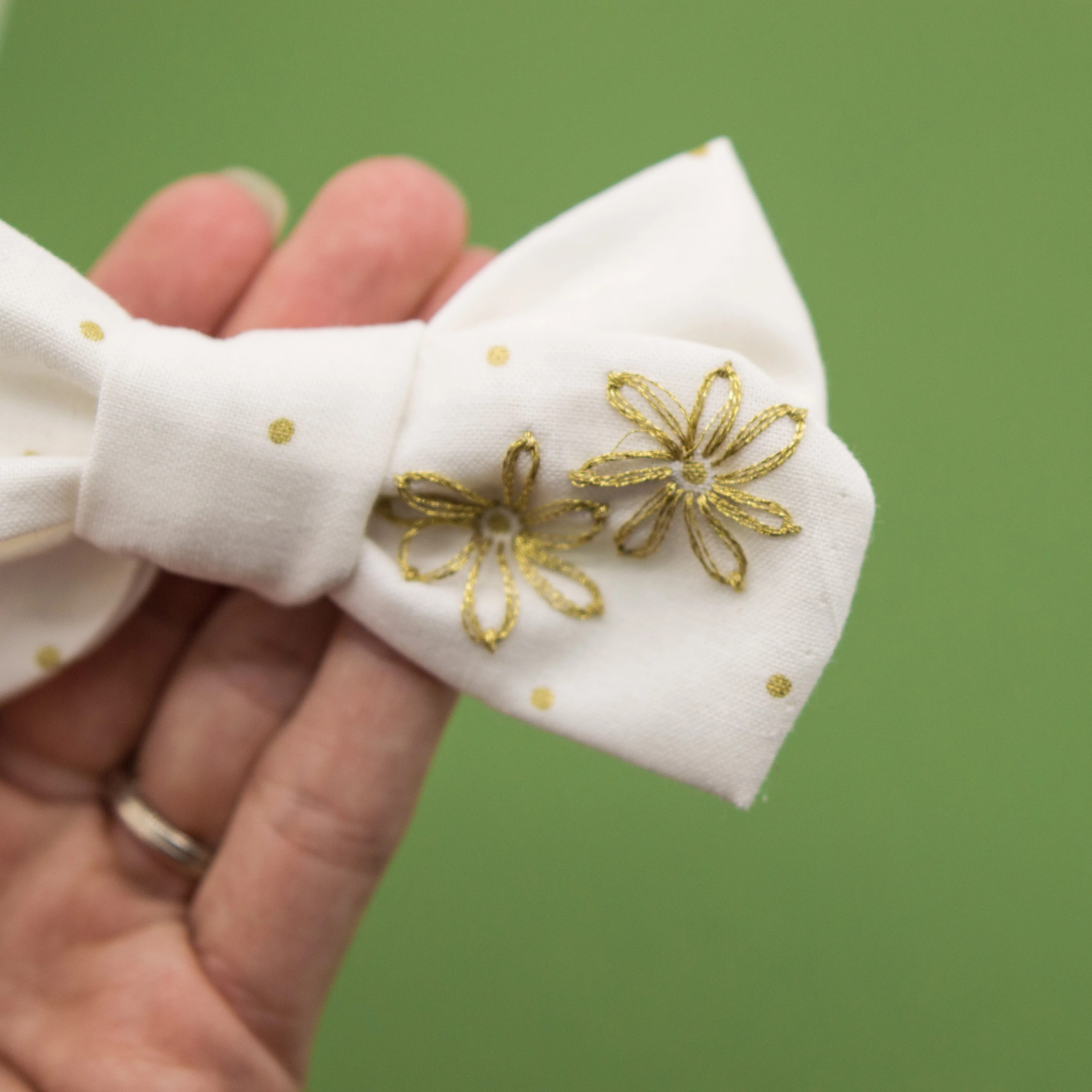 OOAK Embroidered 2 gold flowers bow hoc