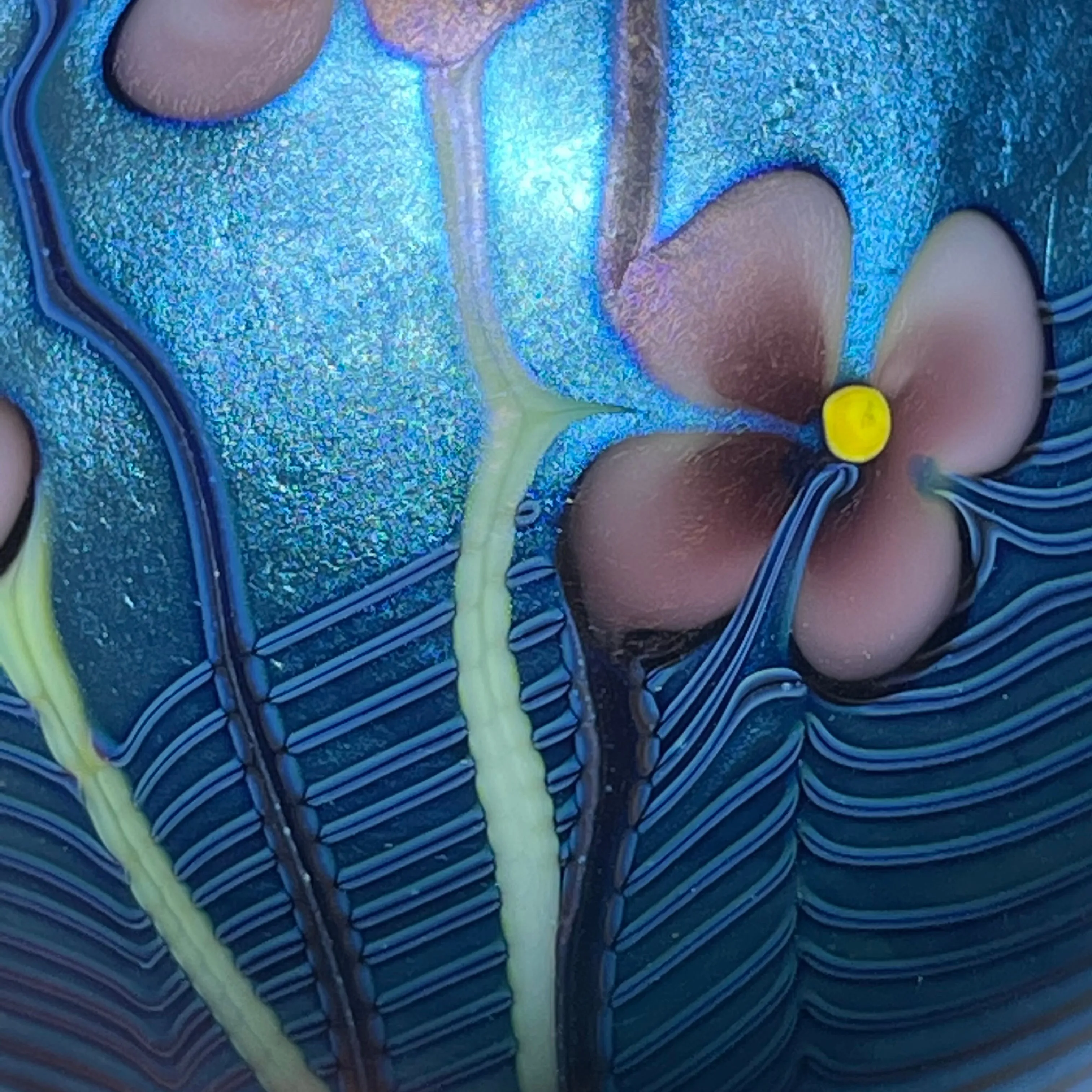 Orient & Flume 1977 Surface Decorated Torchwork Flower Garland over Iridescent Blue Core