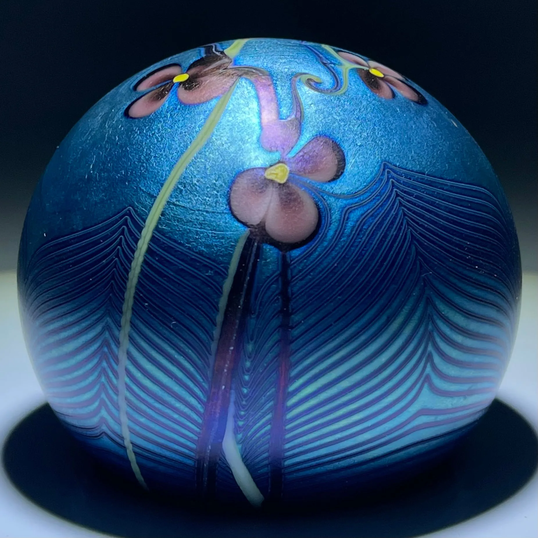 Orient & Flume 1977 Surface Decorated Torchwork Flower Garland over Iridescent Blue Core