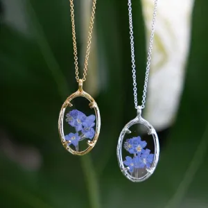 Oval Forget Me Not Necklace in Silver Plate