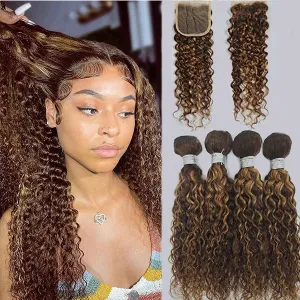 P4/30 Highlight Water Wave 4 Bundles With 4X4 Lace Closure Virgin Human Hair