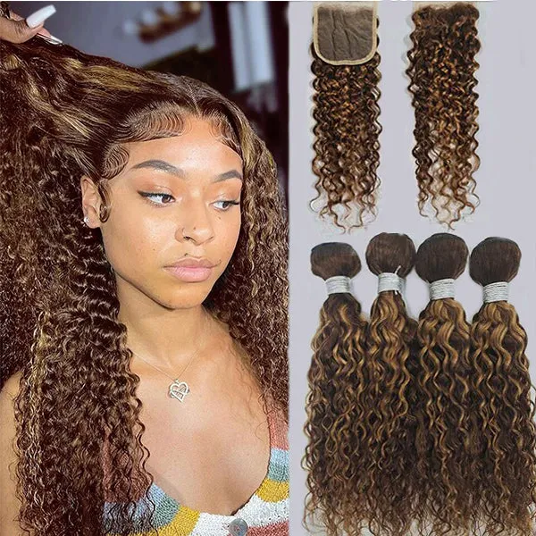 P4/30 Highlight Water Wave 4 Bundles With 4X4 Lace Closure Virgin Human Hair