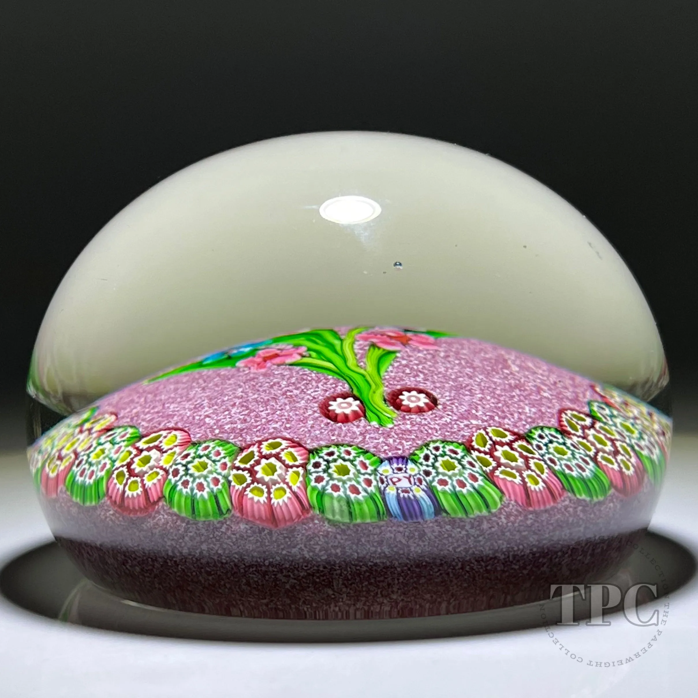 Paul Ysart Glass Art Paperweight Flamework Flower Bouquet on Pink Jasper Ground and Complex Millefiori Garland