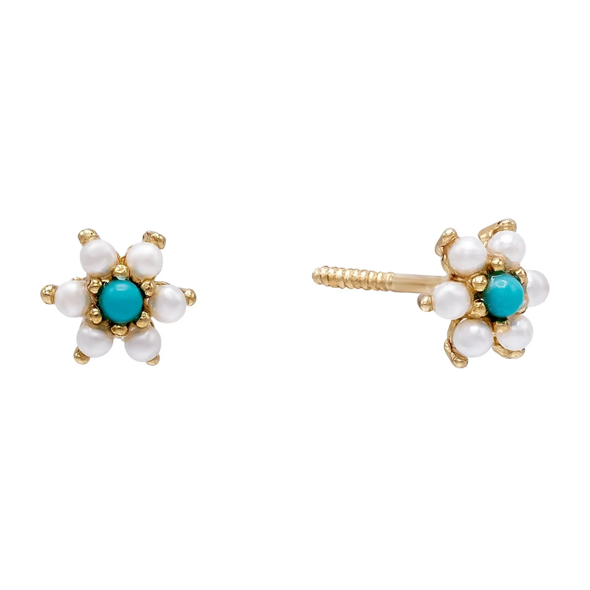 Pearl Turquoise Flower Stud Earring 14K
