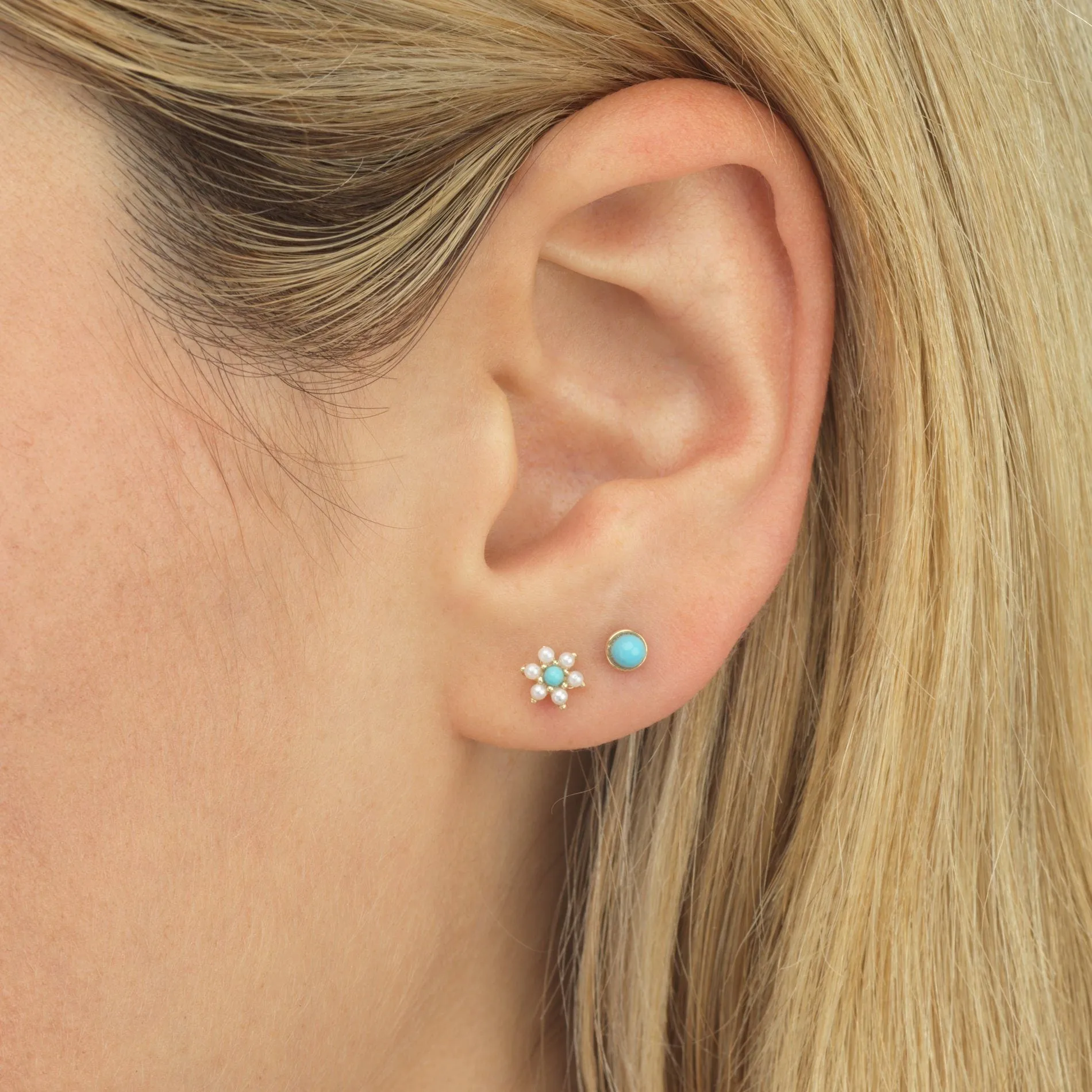 Pearl Turquoise Flower Stud Earring 14K
