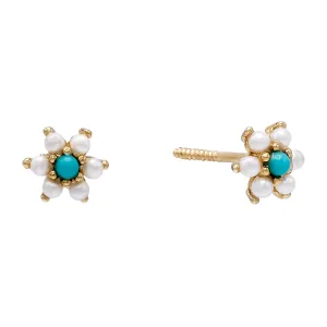 Pearl Turquoise Flower Stud Earring 14K