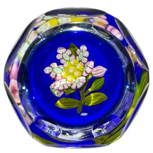 Peter McDougall Faceted Flamework Millefiori Petaled Flower on Transparent Blue Ground