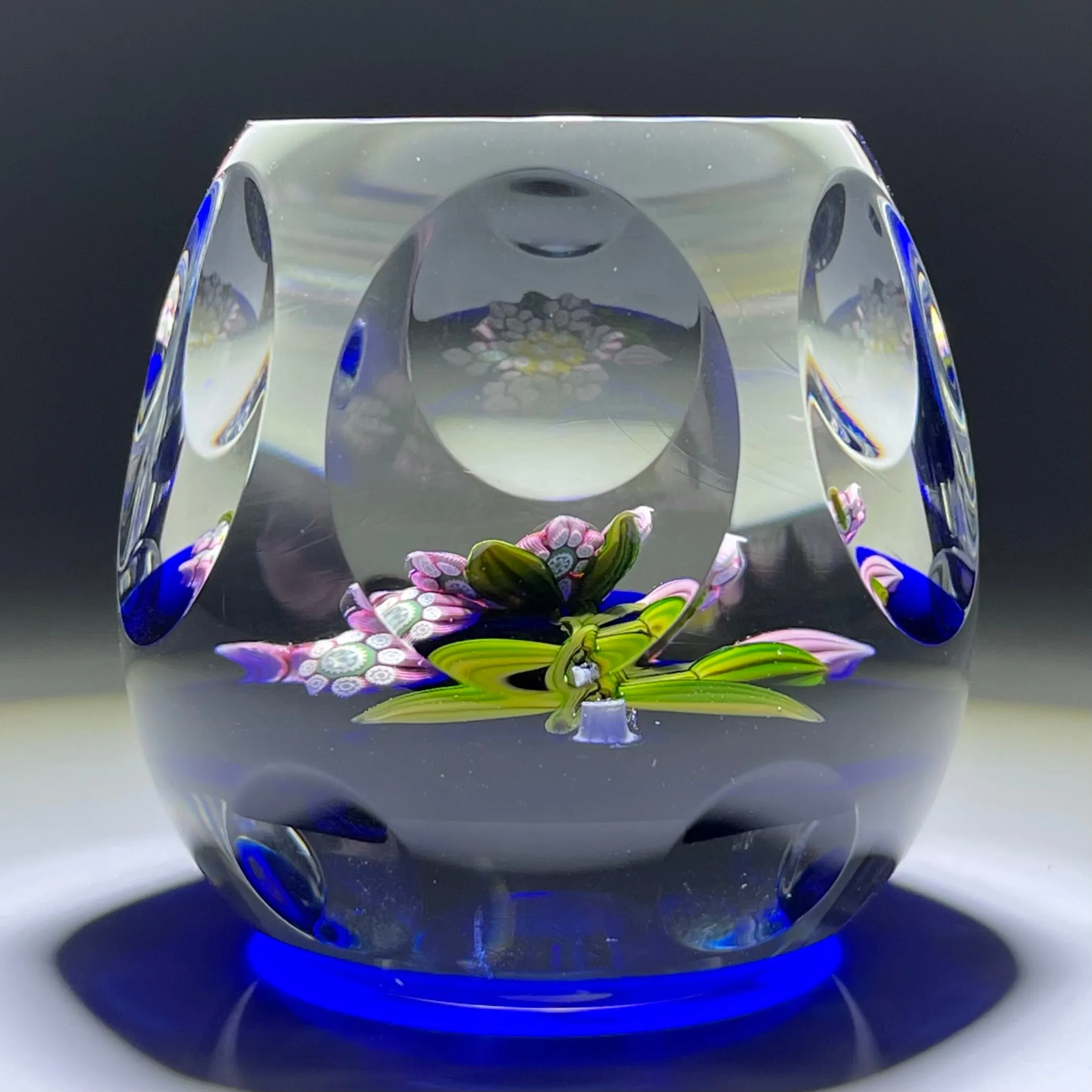 Peter McDougall Faceted Flamework Millefiori Petaled Flower on Transparent Blue Ground