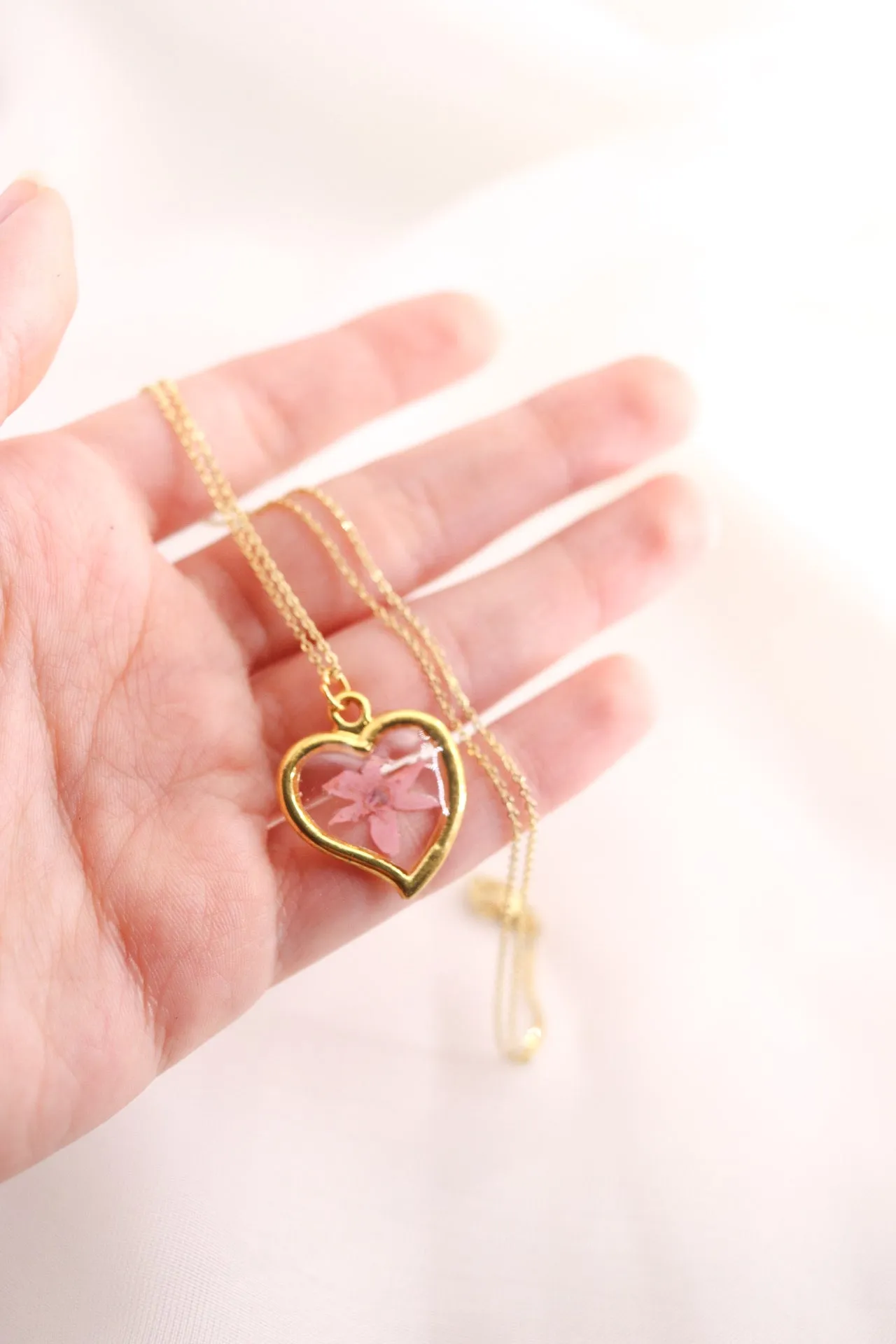 Pink Pressed Flower Resin Necklace, Real Dried Wildflower Heart Pendant, Botanical Nature Jewelry Gift For Women