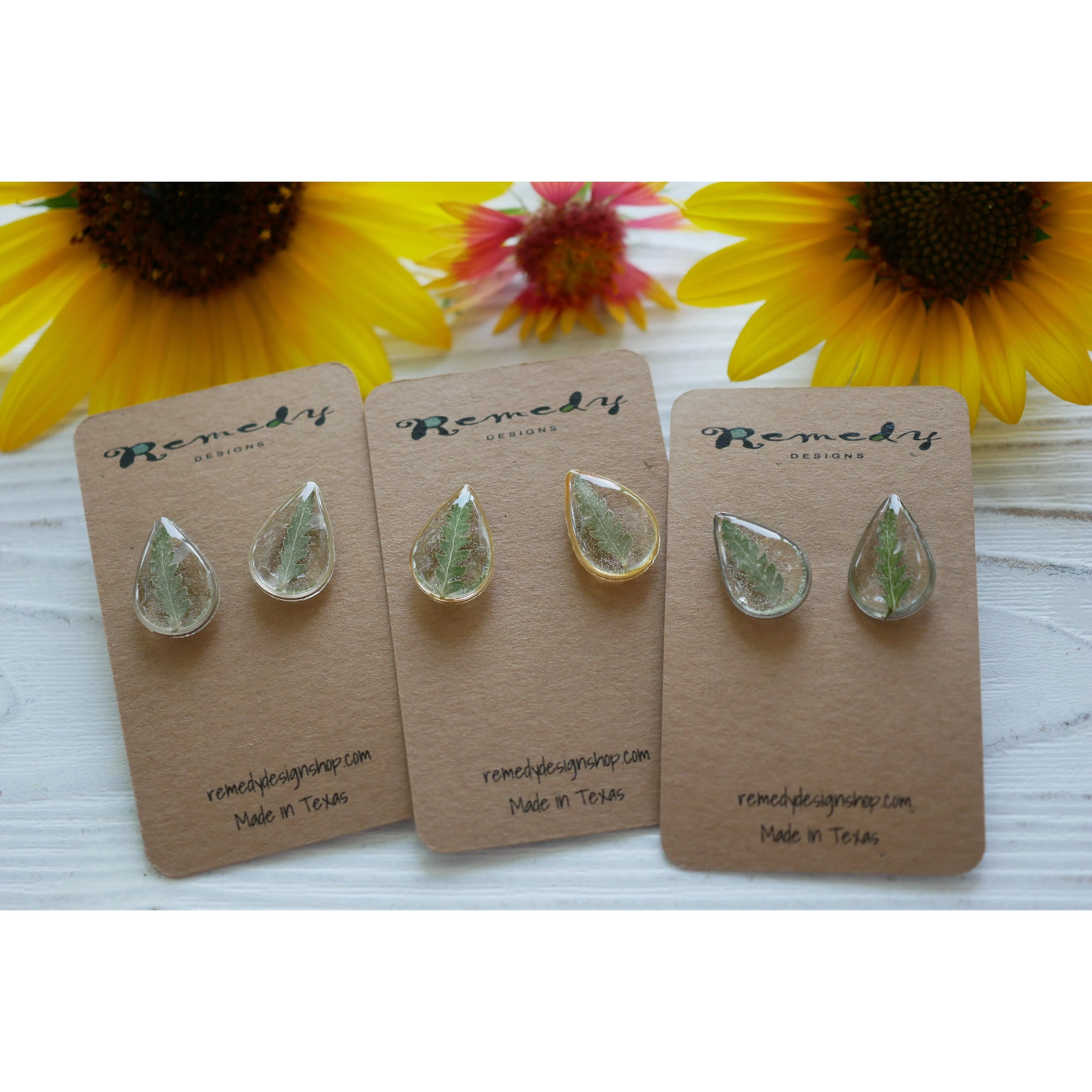 Pressed fern teardrop studs