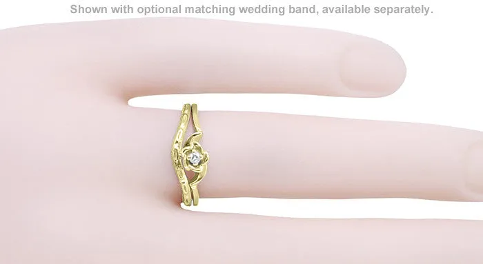 Retro Moderne Yellow Gold Blooming Rose Diamond Promise Ring - 10K or 14K