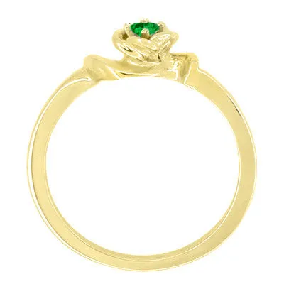 Retro Moderne Yellow Gold Scultpured Rose Flower Emerald Ring - May Birthstone
