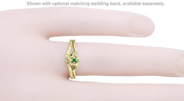 Retro Moderne Yellow Gold Scultpured Rose Flower Emerald Ring - May Birthstone