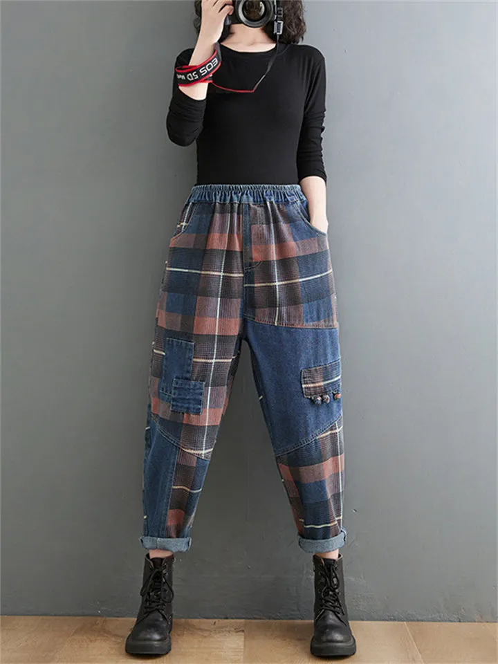 Retro Slimming Color Block Plaid Jeans for Women