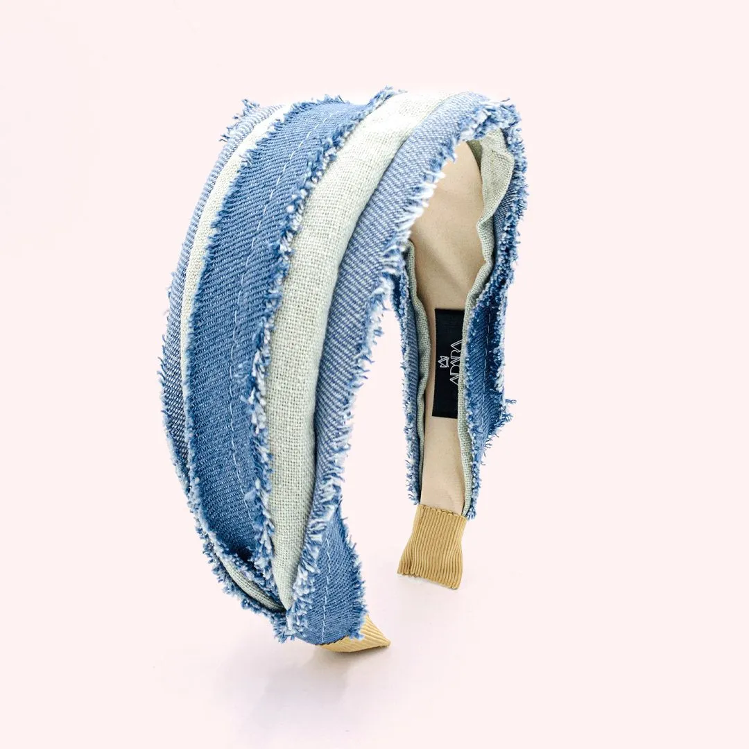 Ripped Denim Knotted Headbands for Women • Model Leda