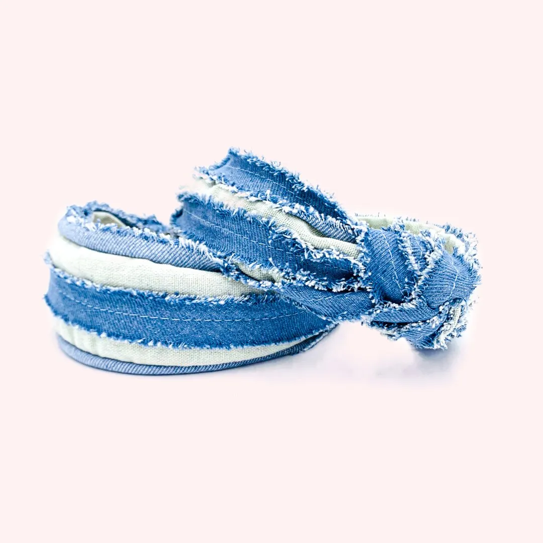 Ripped Denim Knotted Headbands for Women • Model Leda