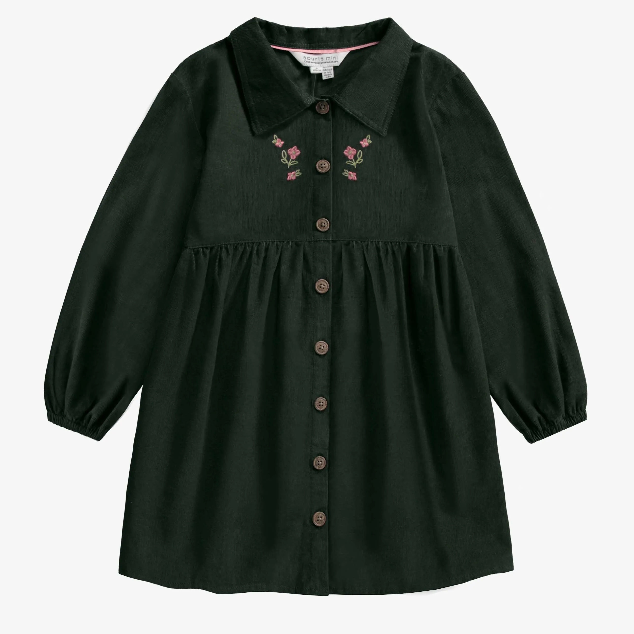 Robe vert foncé avec broderies en velours côtelé, enfant || Dark green dress with embroideries in corduroy, child