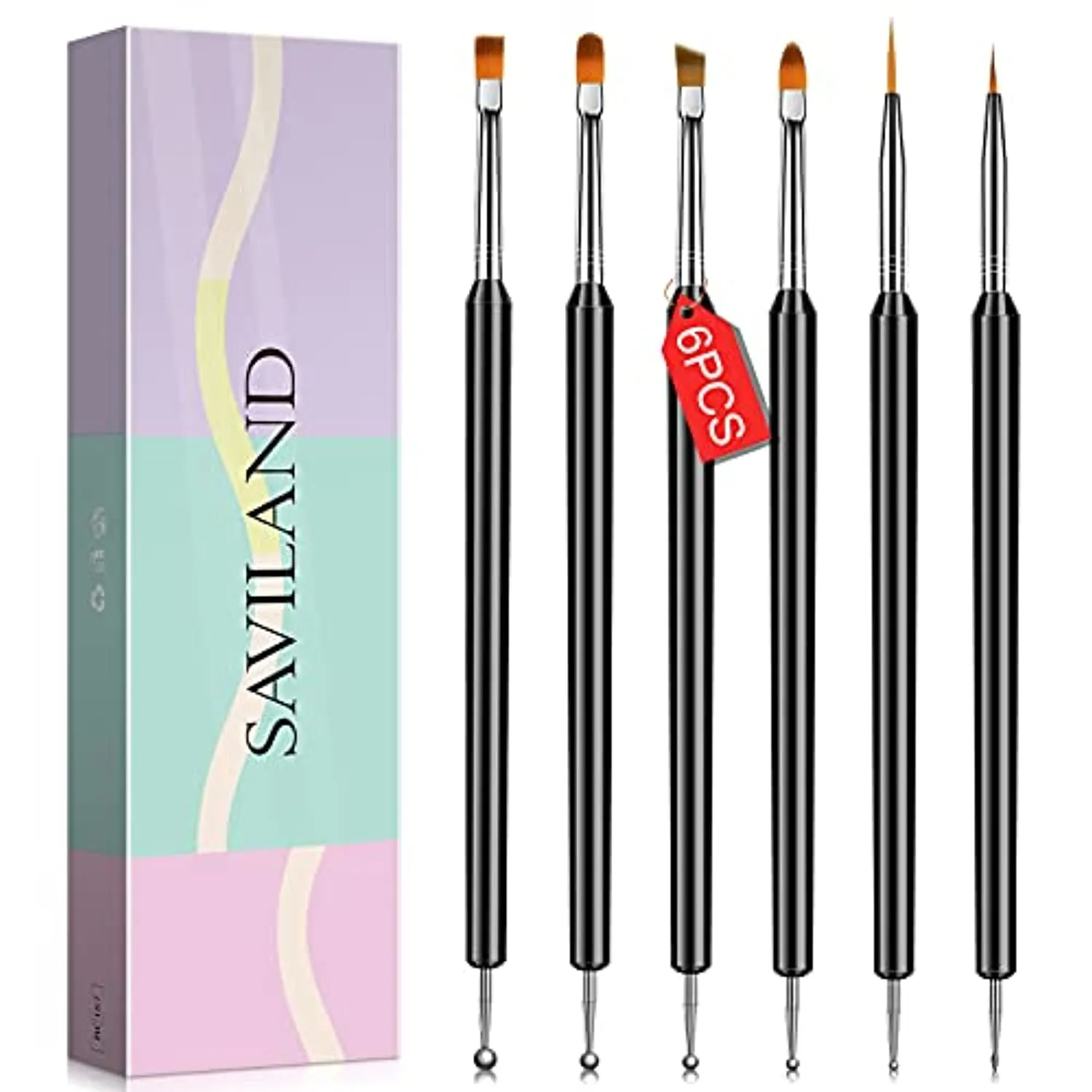 Saviland Nail Art Brush Set - 6pcs Double-End Nail Art Brushes Kit Professional Manicure Tools Kit with Painting Dotting Line Pen for Gel Polish Nail Designs Nail Carving French Nails