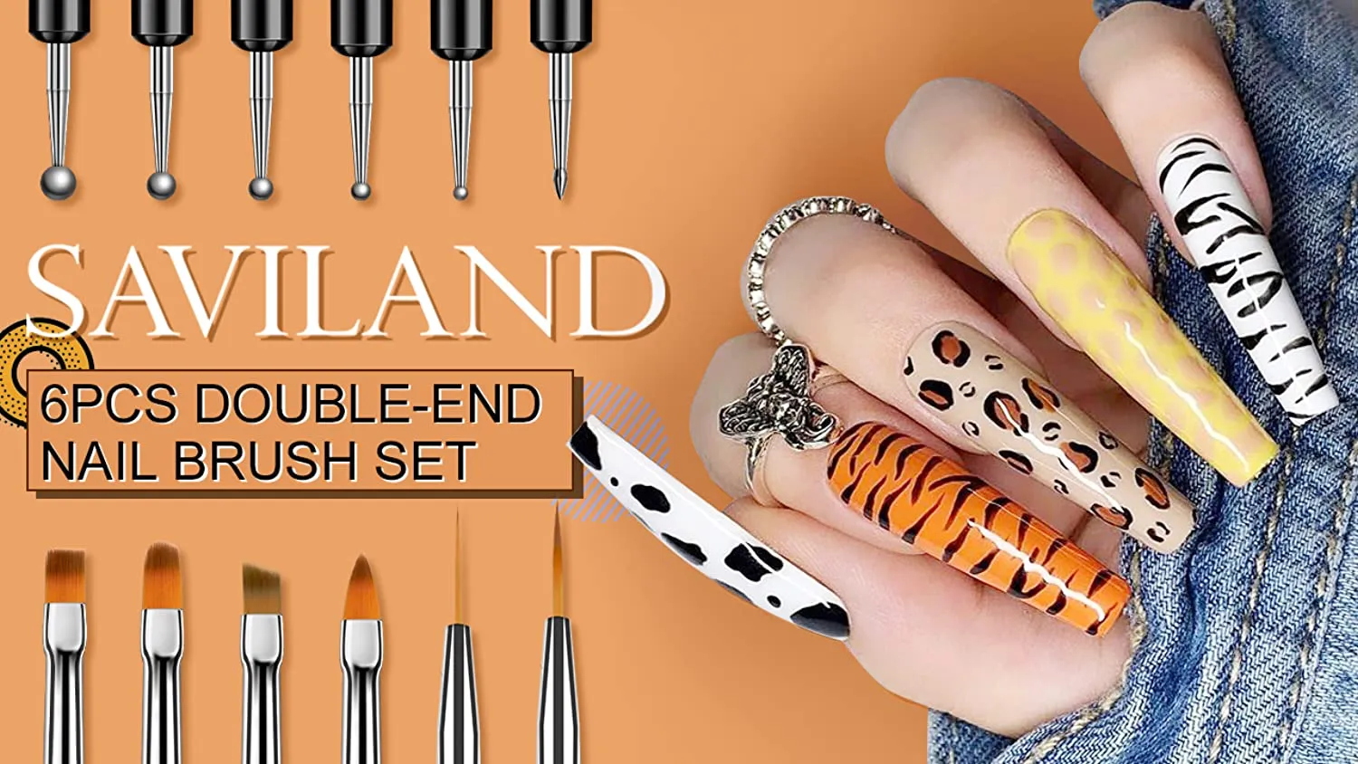 Saviland Nail Art Brush Set - 6pcs Double-End Nail Art Brushes Kit Professional Manicure Tools Kit with Painting Dotting Line Pen for Gel Polish Nail Designs Nail Carving French Nails